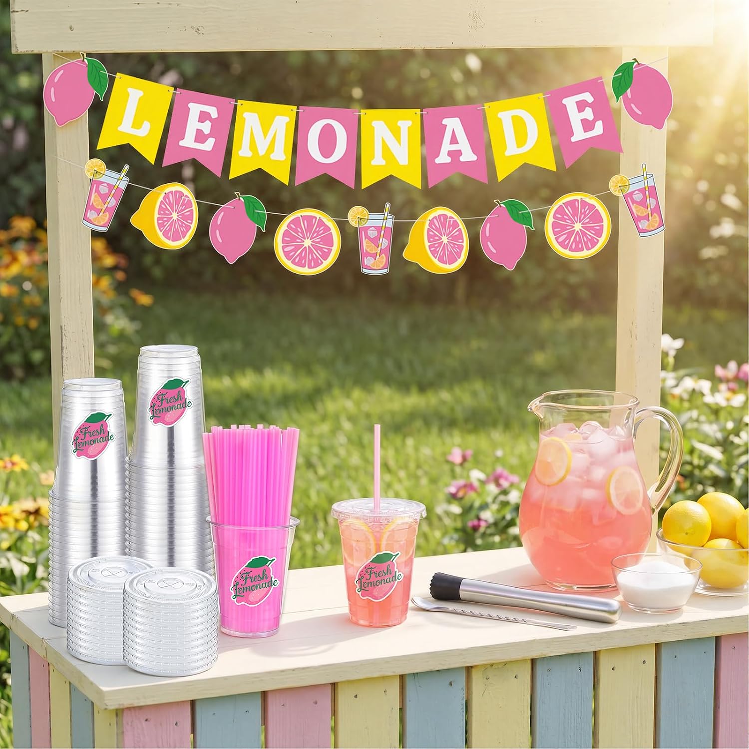Jingmore 150 Sets Lemonade Stand Supplies Kit 12 oz Lemon Cups with Lids and Straws, Pink and Yellow Lemonade Banner, Sticker, Muddler & Mixing Spoon for Graduation Wedding Birthday Party Decorations