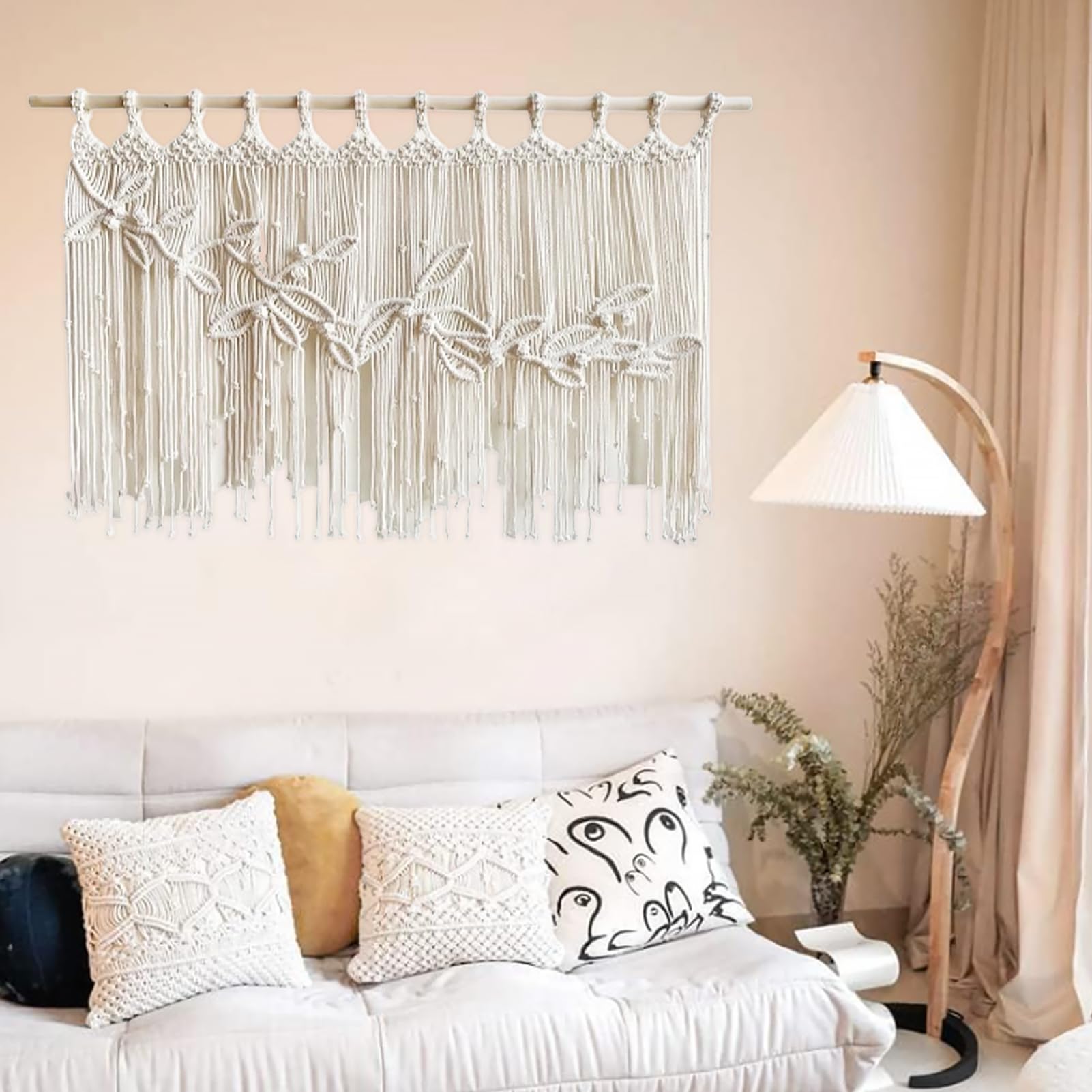 Rideaux en macramé avec perles de bois tissées, tenture murale, rideau de porte court pour une utilisation en extérieur, 100 x 80 cm, motif libellule séparateur de pièce décoratif