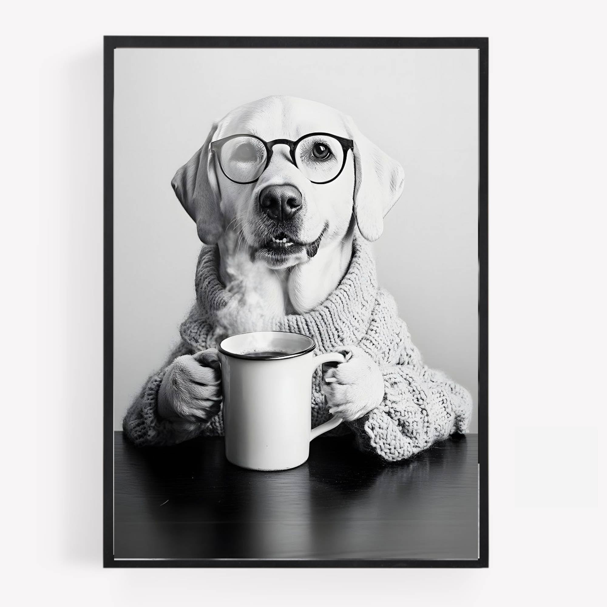 Gfc Monochrome Funny Labrador Retriever Dog Drinking Coffee Print Picture Poster Kitchen A4 Unframed Wall Art Home Decor Decorating Please Be Seated For Entire Performance
