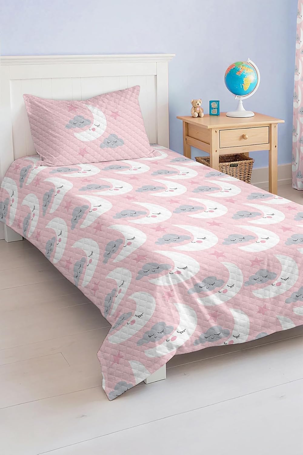 SODEF Bedding Set Pink Moon and Cloud Pattern Kids and Teens Room Quilt Set Bedspread, Fade Resistant, Cotton Polyester Blend, 2 Piece - Multicolor, One Size