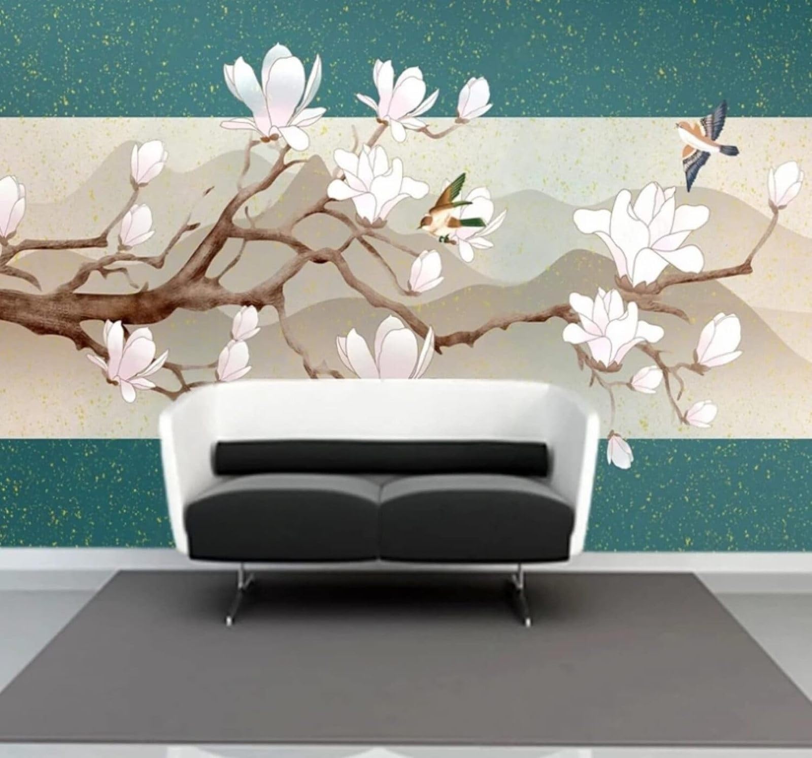 XLMING Hand Drawn Elegant Mountain Peaks Flowers and Birds Landscapes 3D Wallpaper Luxury Silk Study Dining Feature Sofa Grey Bedroom Living Room Tv Decorative Wall-200cm×140cm