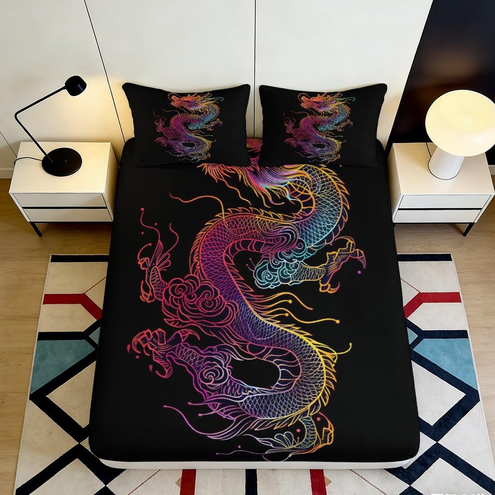 3D Printed Neon Dragon Fitted Sheet Microfiber Soft Breathable Rainbow Dragon Bed Cover for Bedroom Dormitory Guest Room Mattress Protection Decor 180x200x25cm