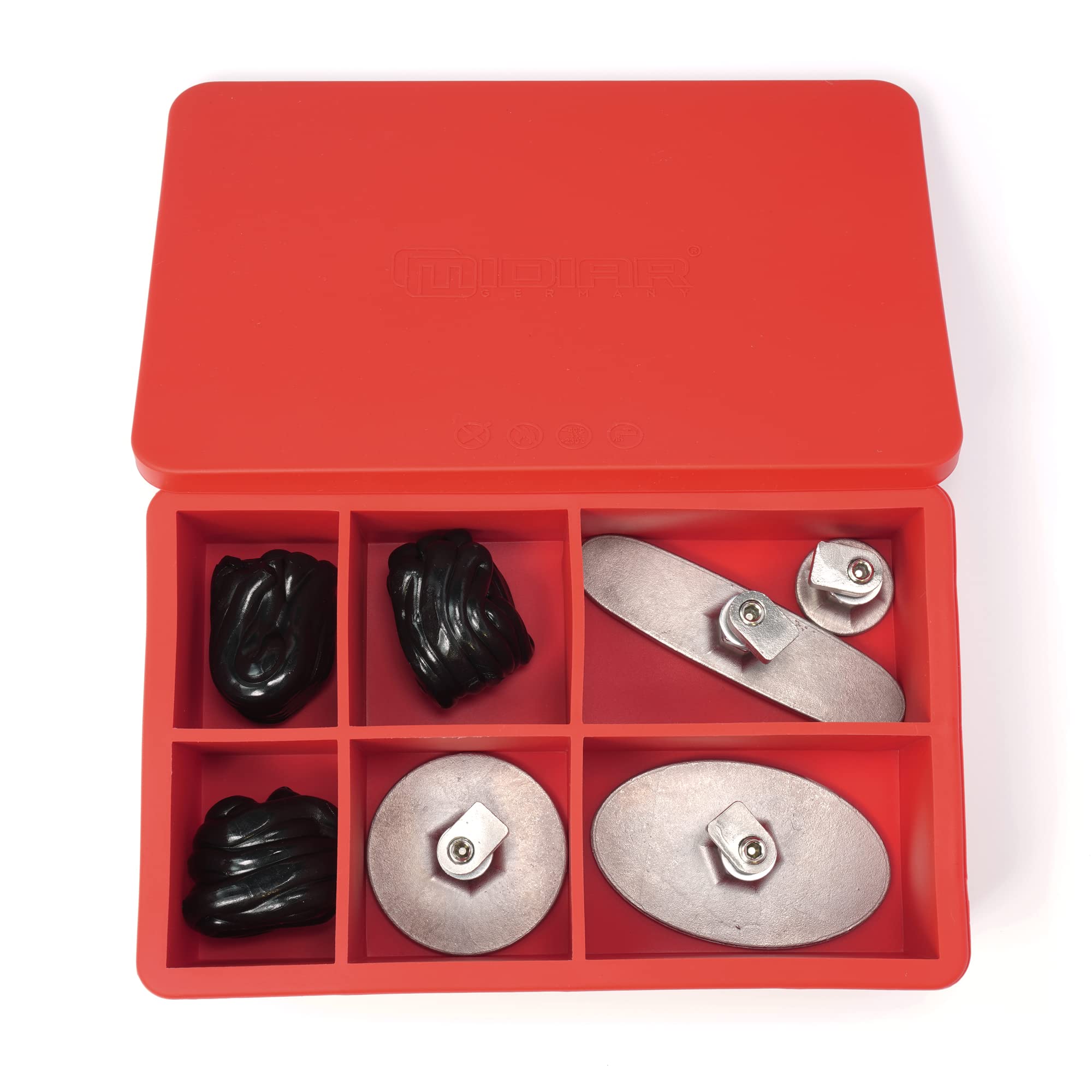 Set di adattatori MIDIAR® "HEXAGONAL" per colla a freddo, 4 pezzi con colla a freddo 150 g e scatola in silicone