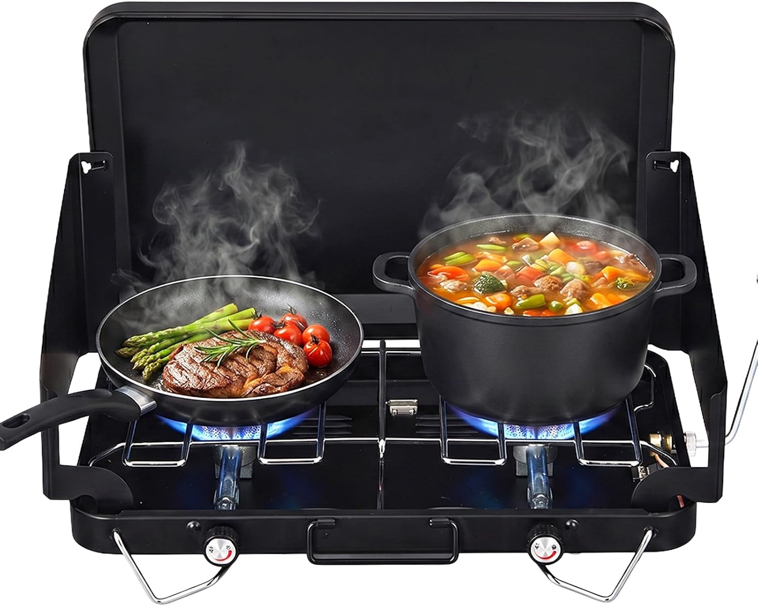 Bonnlo 2 Burner Camping Stove with Adapter, 20000 BTU Portable Propane Gas Stove with Built-in Handle & Foldable Wind Panel, Tabletop Outdoor Stove for Camping Kitchen, Tailgating, Grilling