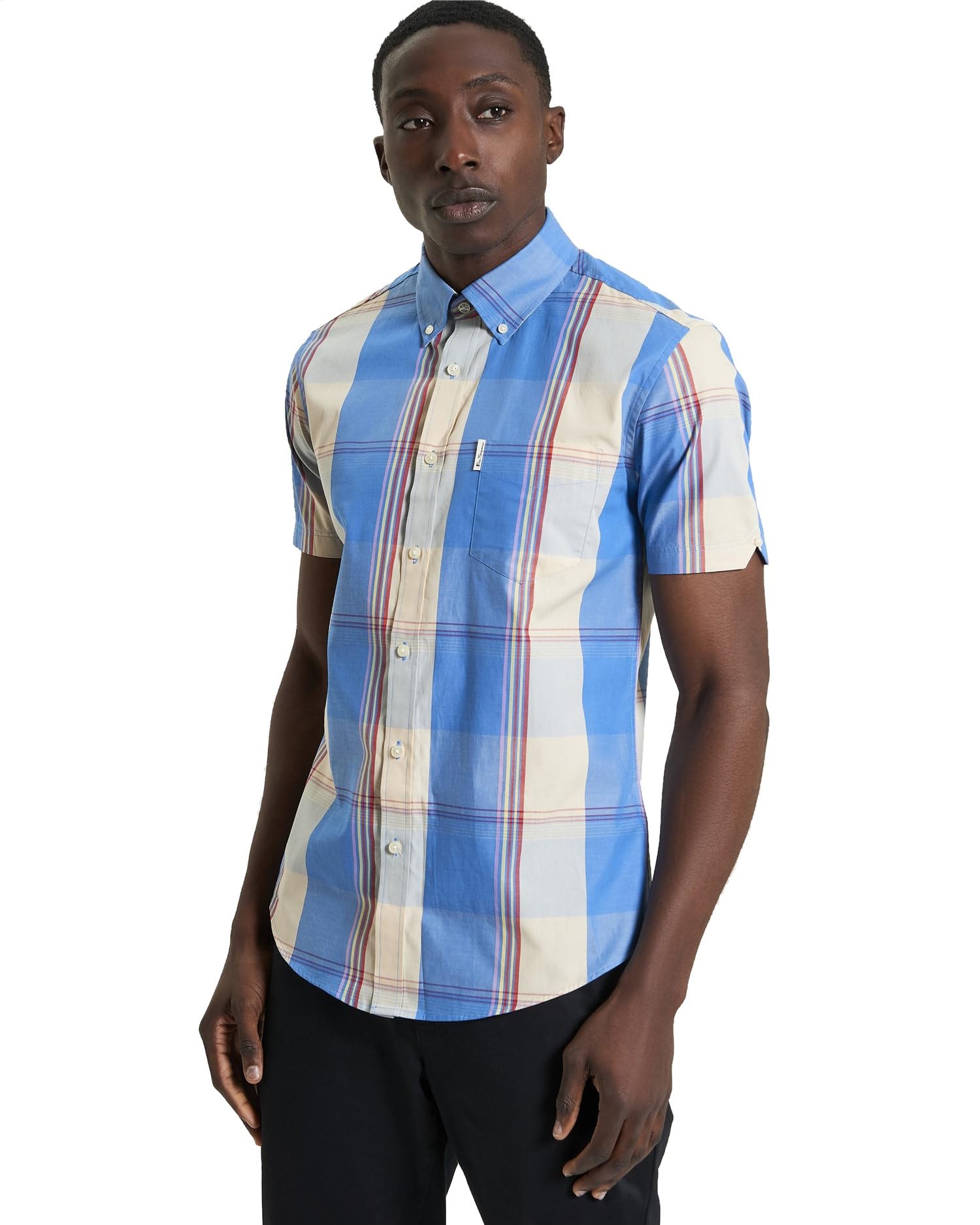 Ben Sherman Men's Kingfisher Multicolour Overcheck Shirt, Short Sleeved, Button-Down Collar, Mod Fit (Kingfisher) L