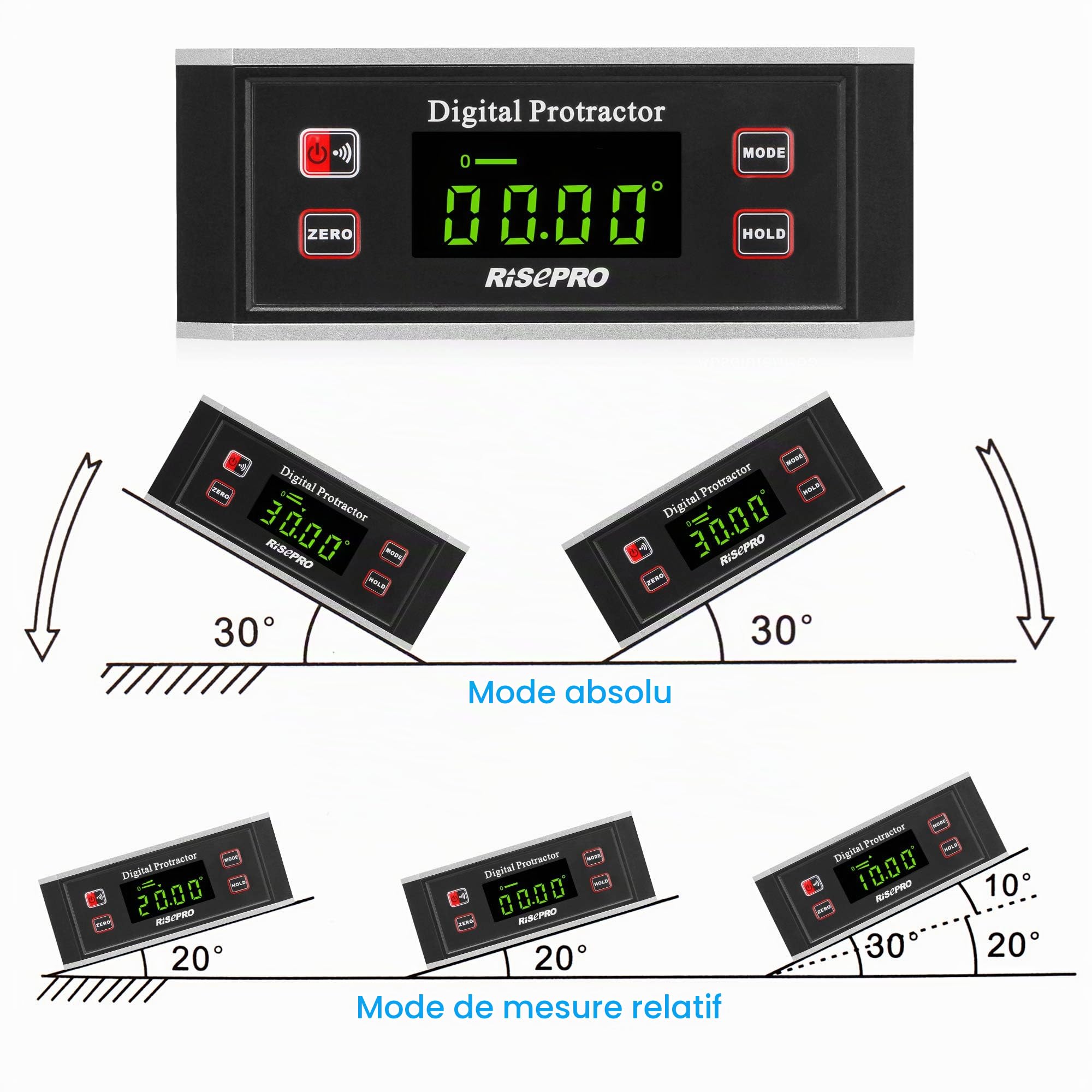inclinomètre, Risepro® Digital Rapporteur Angle Finder Niveau inclinomètre magnétique rainure en V 0~360 degrés avec rétroéclairage 82413b