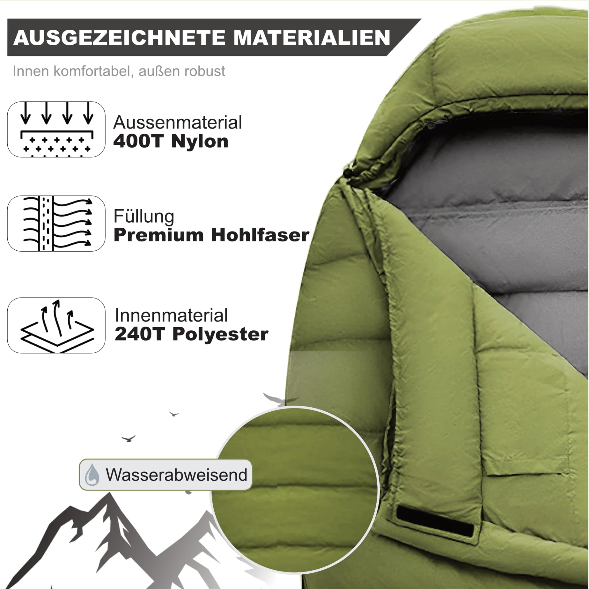 Mumienschlafsack Norskskin Ultralight 220 Grün Koppelbar Extrem - 6°C Schlafsack mit Kopfkissenfach