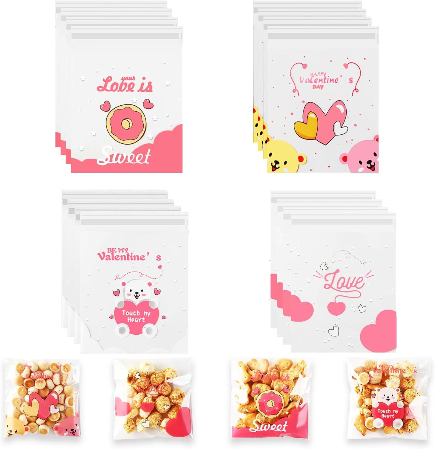 Valentines Cellophane Treat Bags, 100 Pcs Valentiens Candy Bags, Plastic Self-adhensive Valetine Gift Bag Clear Cookie Goodie Snack Bag for Birthday Wedding Valentine's Day Holiday Party Supplies