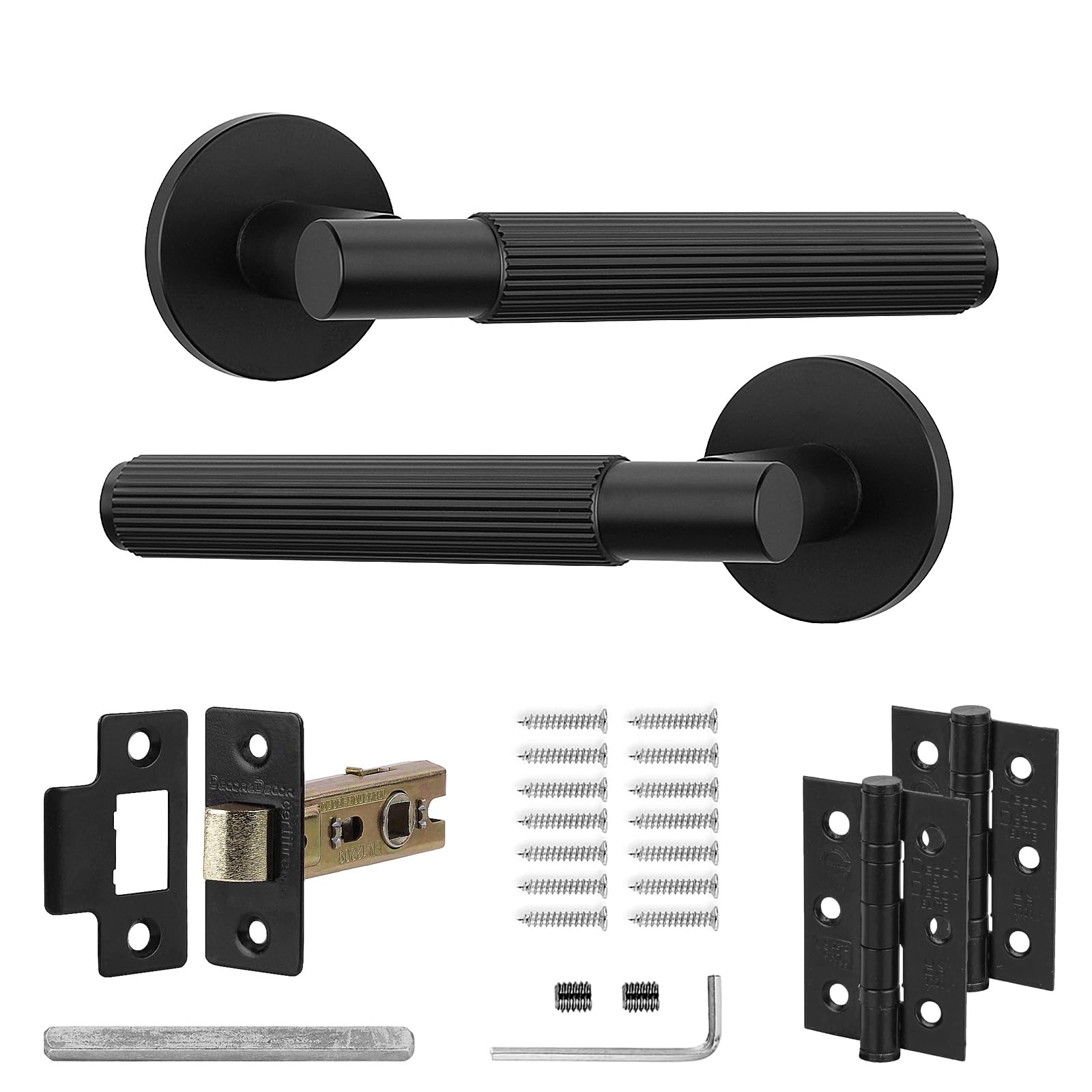 Decoranddecor Hera Black Door Handles Internal - Aluminium Matt Black Door Handle Sets for Wooden Interior Doors - Internal Door Handles with Mortice Latch and Hinge