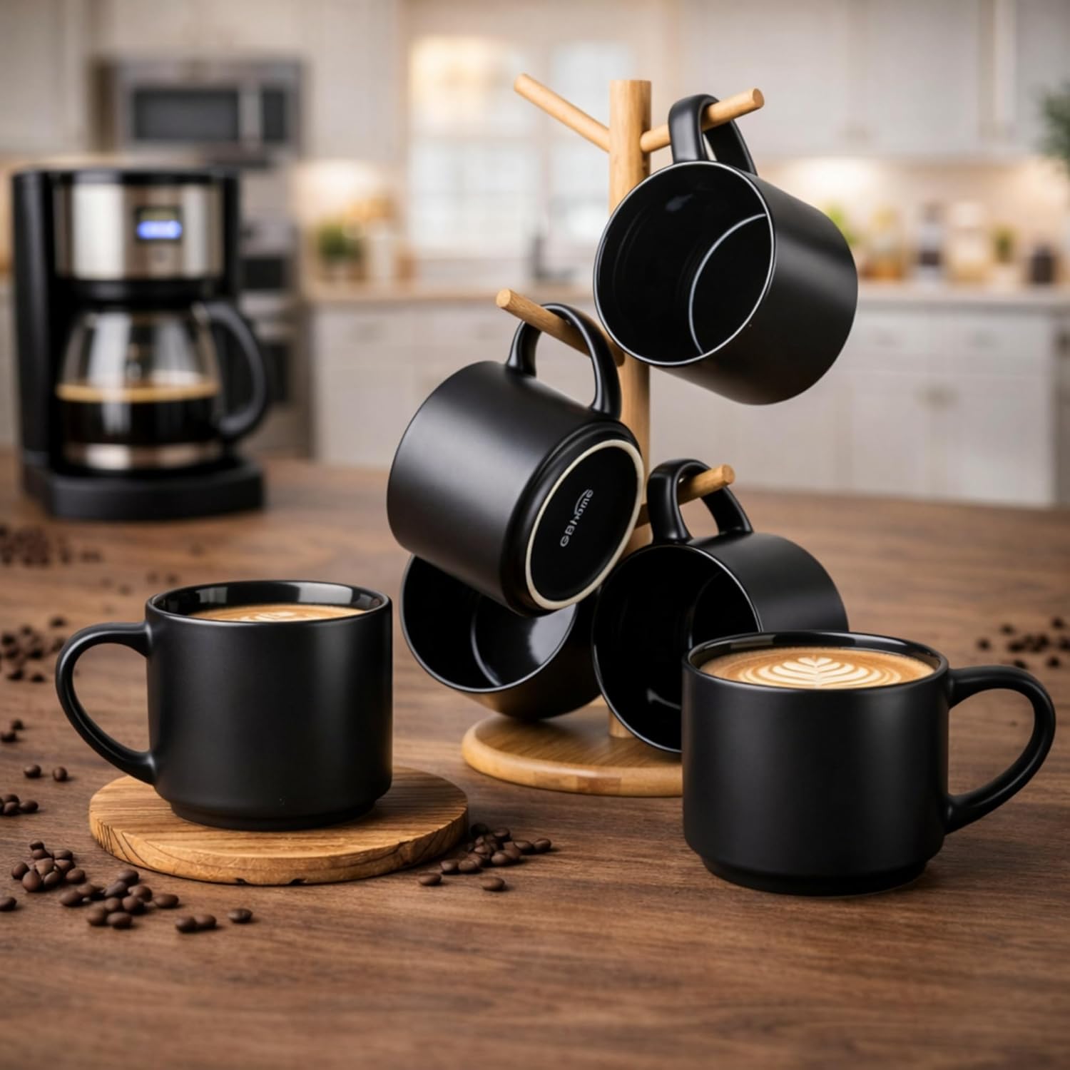 GBhome 14 OZ Coffee Mugs Set of 6, Stackable Ceramic Mugs for Men, Women, Modern Coffee Cups With Stable Base for Latte, Tea, Cappuccino. Dishwasher & Microwave Safe, Matte Black