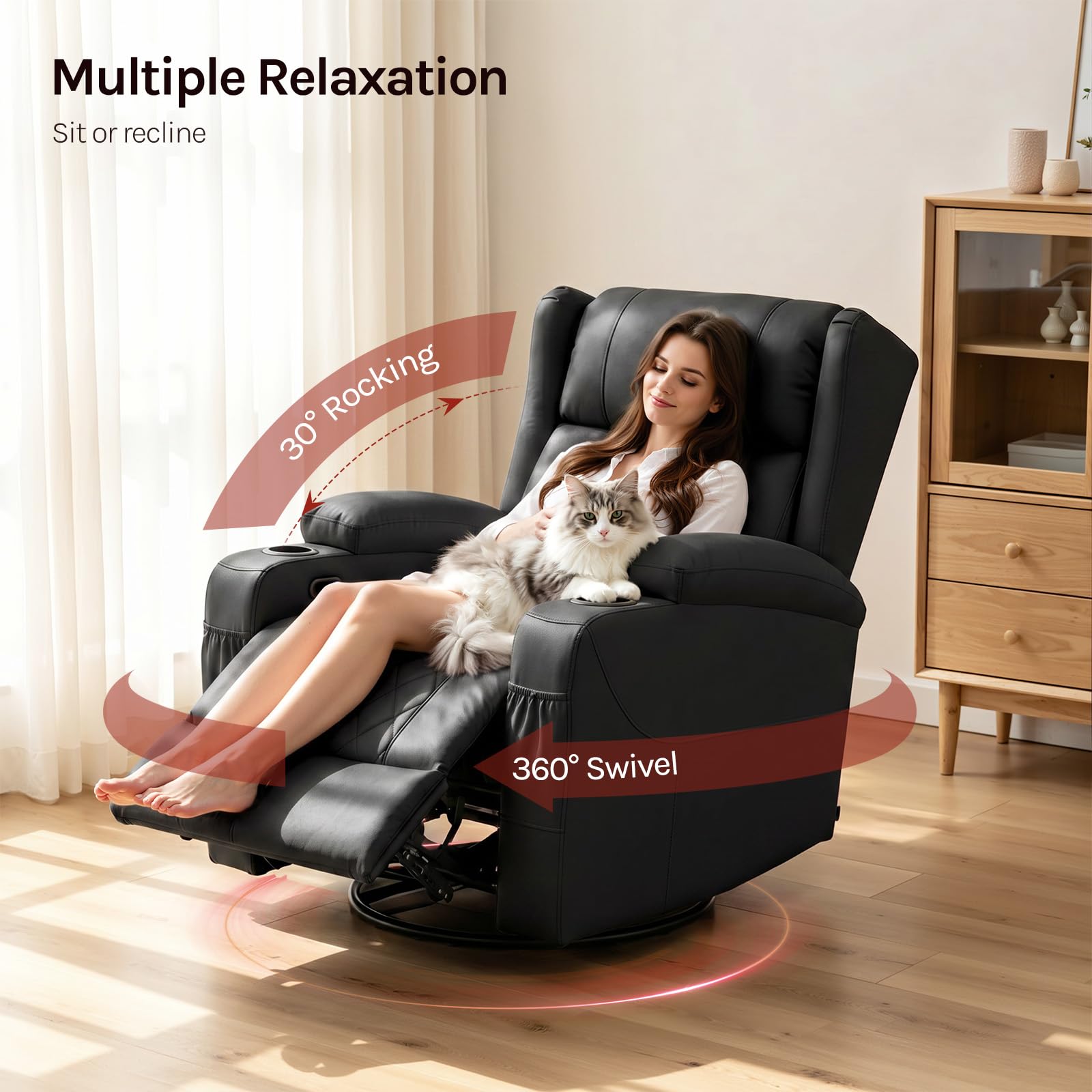 WOLTU Fauteuil Relax Pivotant à 360°, inclinable, Bascule, PU, Noir | Fauteuil TV, Dossier Inclinable, Bascule, Repose-Pieds, Poches Latérales et Porte-gobelet, Charge 150 kg