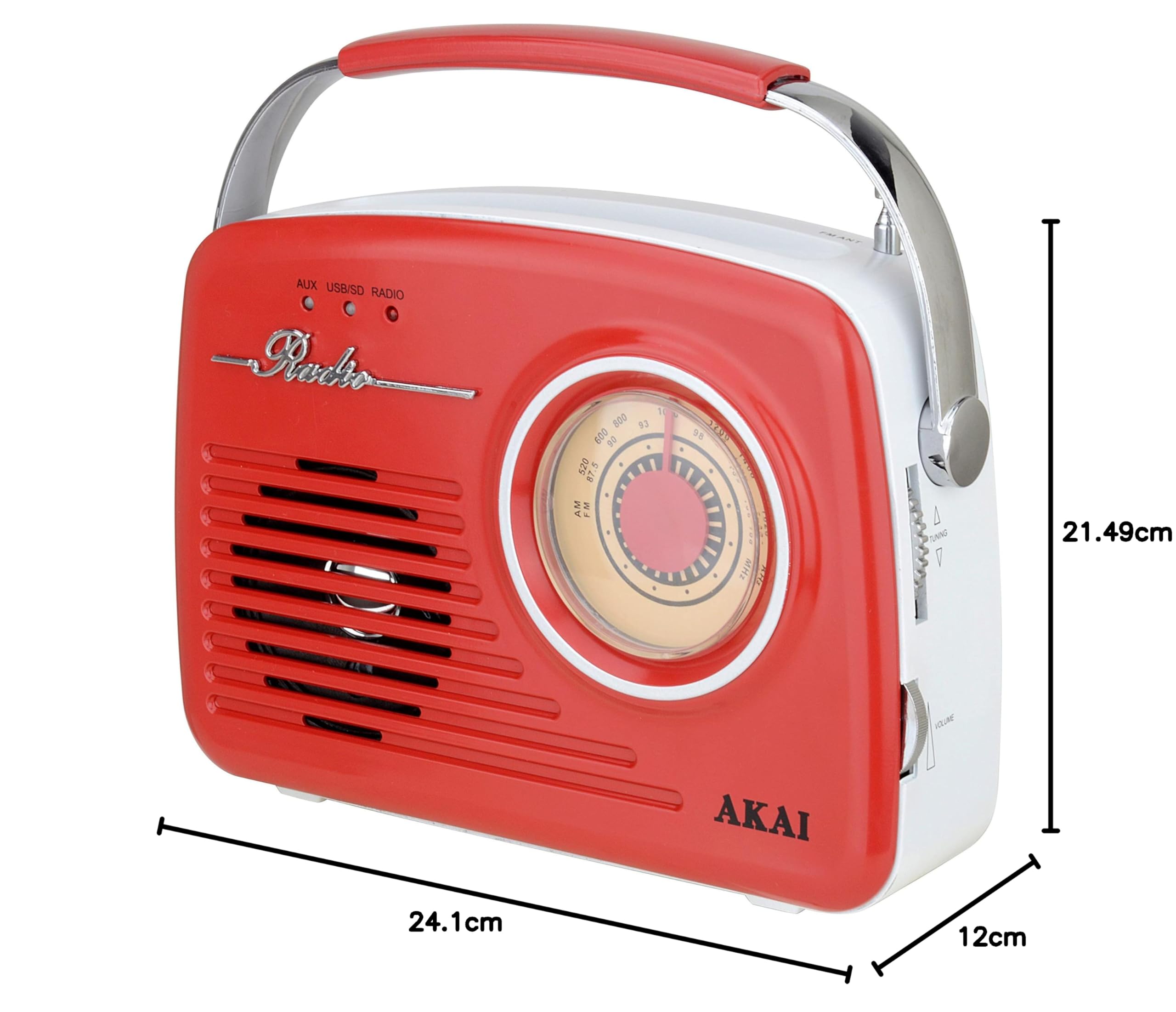 AKAI Radio portátil con diseño retro rojo - FM/AM, AUX, USB, tarjeta SD, MP3, conector para auriculares, antena telescópica