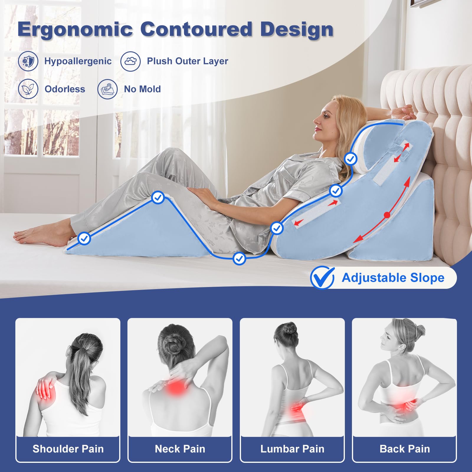 Juego de 4 almohadas de cuña para dormir, almohada ortopédica para después de la cirugía, soporte de espuma viscoelástica ajustable para sentarse en la cama, dolor de espalda, ERGE, alivio de