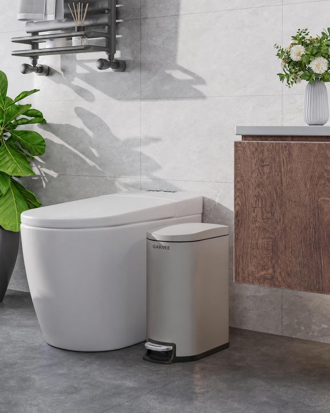 Geruchsdichter Edelstahl Mülleimer mit Deckel – Schlanker 10L Tret-Abfalleimer für Bad & Schlafzimmer – Wasserdicht, Soft-Close, herausnehmbarer Inneneimer, Griff, rutschfest, grau