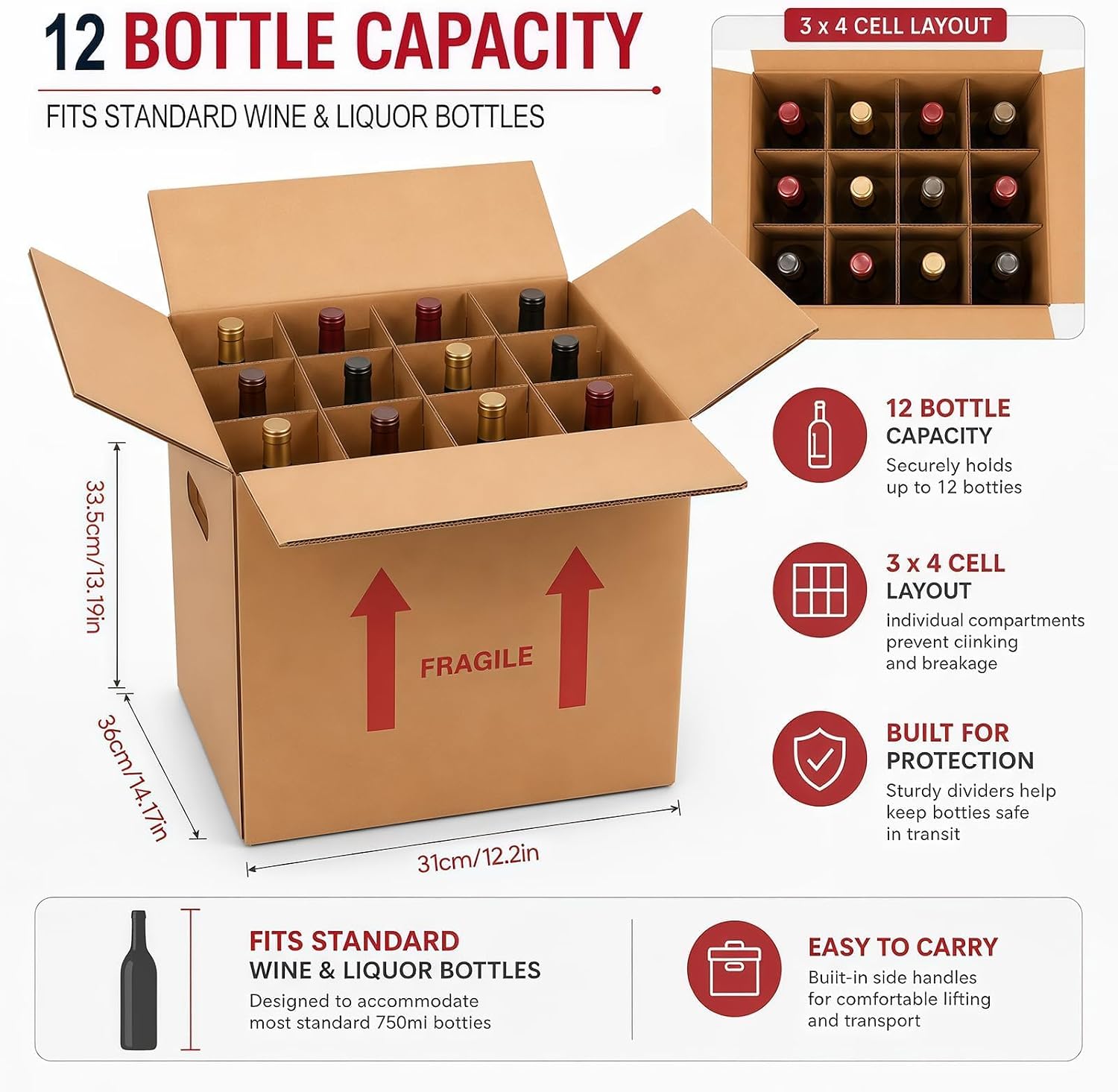10 Pack Wine Bottle Moving Boxes, 12 Bottle Storage Boxes with Handles