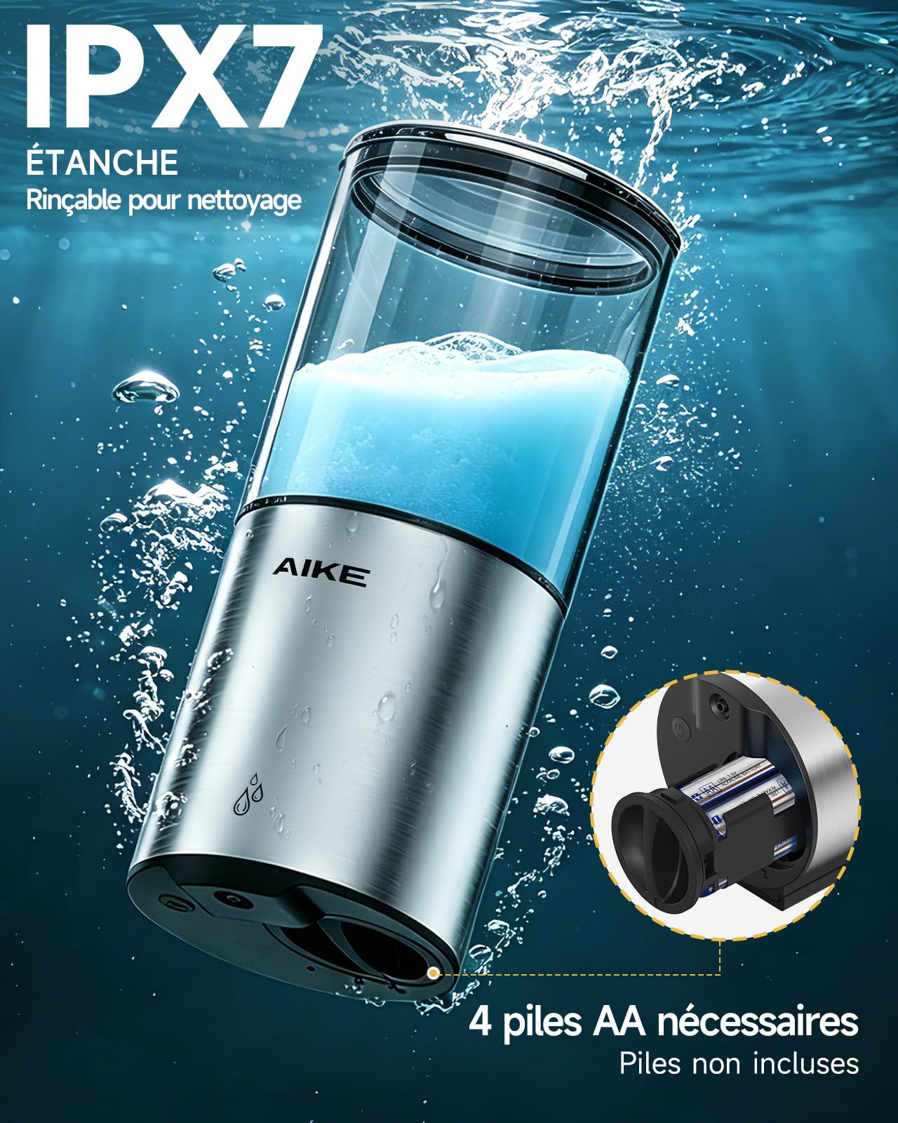 AIKE Distributeur de Savon Automatique pour Liquide, Montage Murale pour Cuisine et Salle de Bain, IPX7 Étanche avec 400ml Acier Inoxydable Brossé