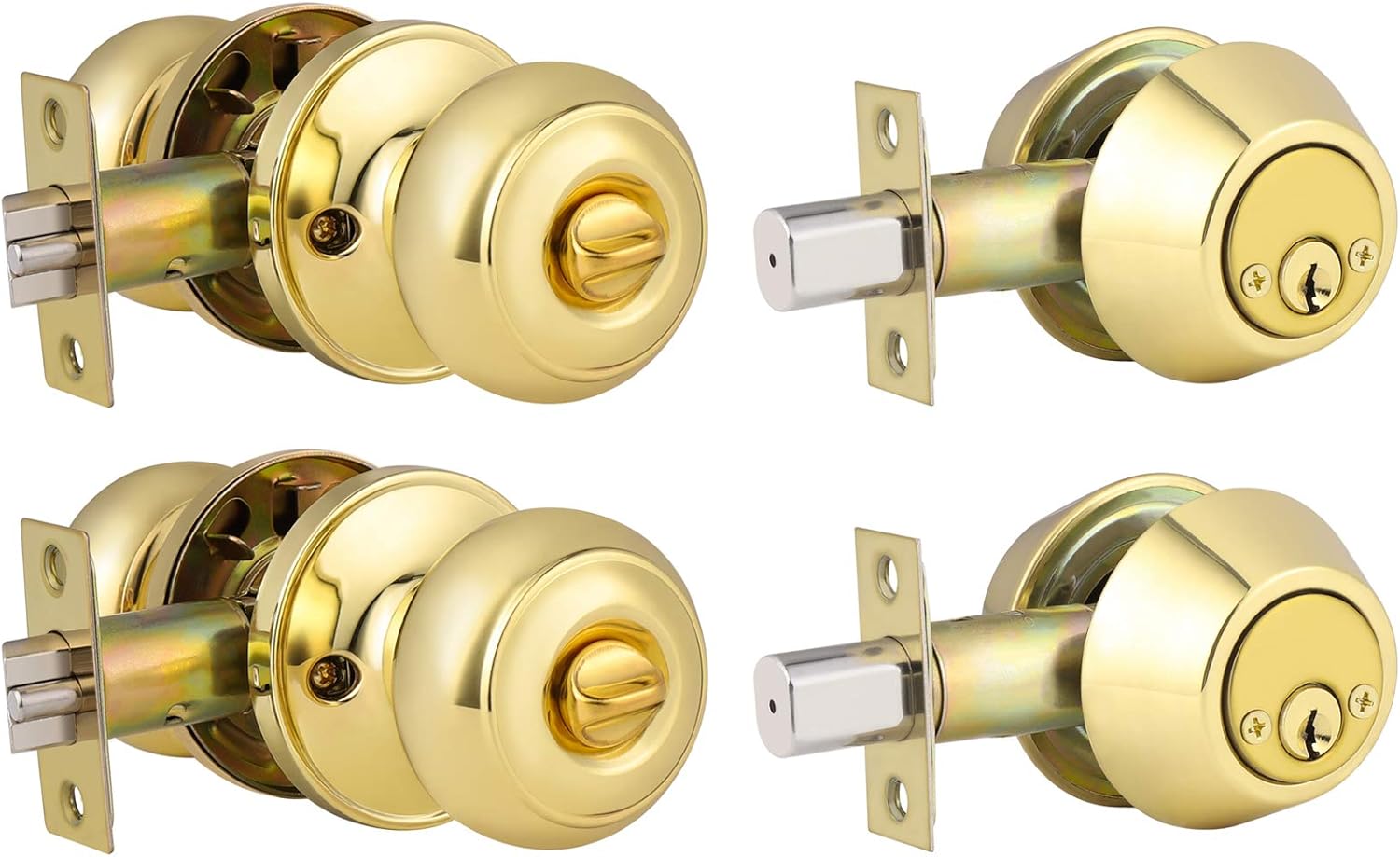 2 Pack Classic Polished Brass Entrance Round Knob Handle, Entry Door Knob with Matching Double