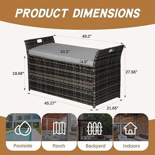 Miniatura 3 de Banco de almacenamiento de mimbre para exteriores de 90 galones con cojín, caja de mimbre de polietileno para patio con asas (gris), gris