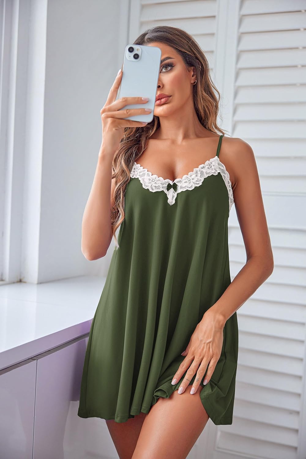 Ekouaer Women Lace Nightgown Sexy Spaghetti Strap Cami Sleeveless Chemise Sleepwear Sleep Dress - Image 4