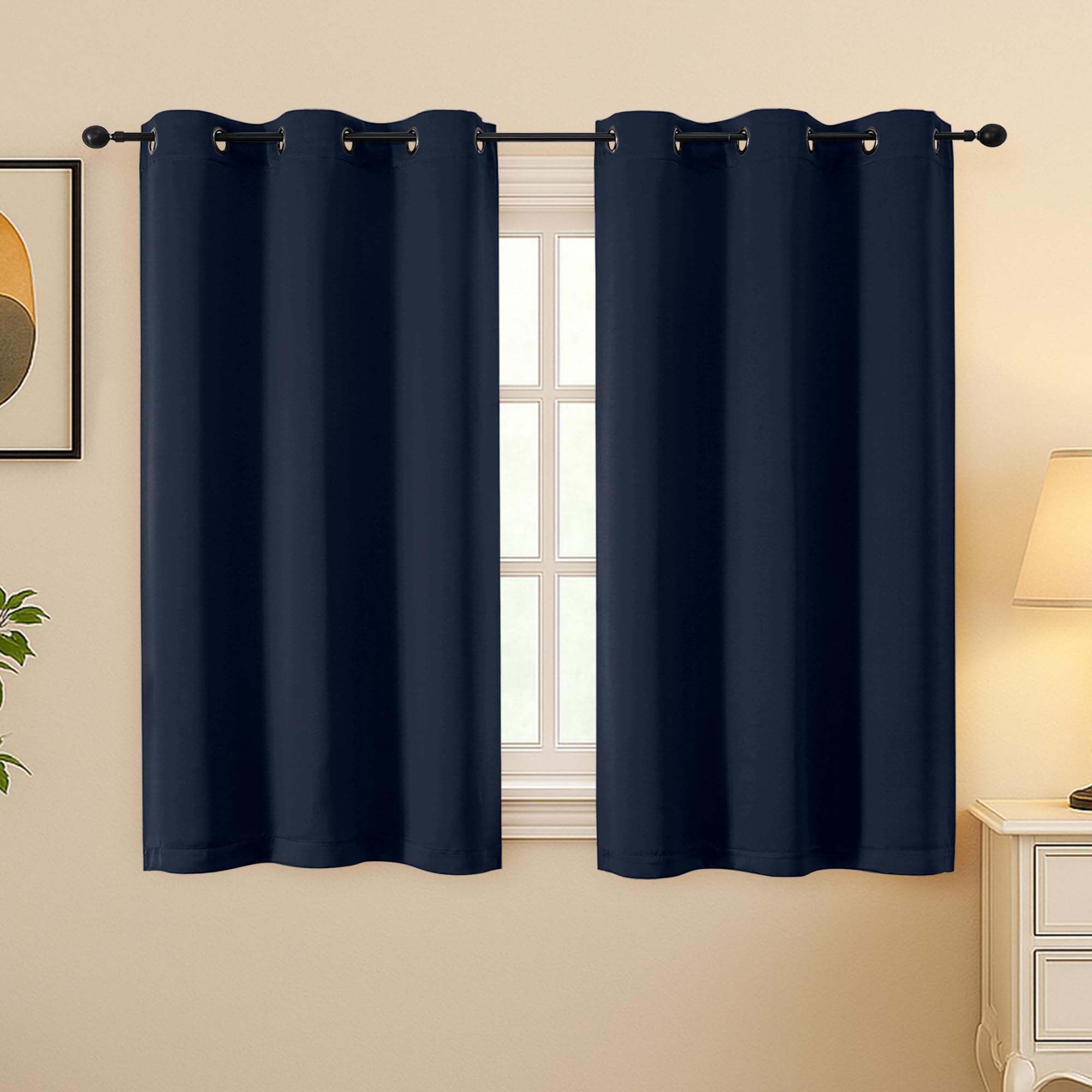 Simplebrand Navy Blue Room Darkening Curtains for Bedroom 45 Inches Long 2 Panels Set, Sunlight Blocking Curtains for Small Windows, Grommet Energy Saving Thermal Insulated Short Drapes, 40Wx45L
