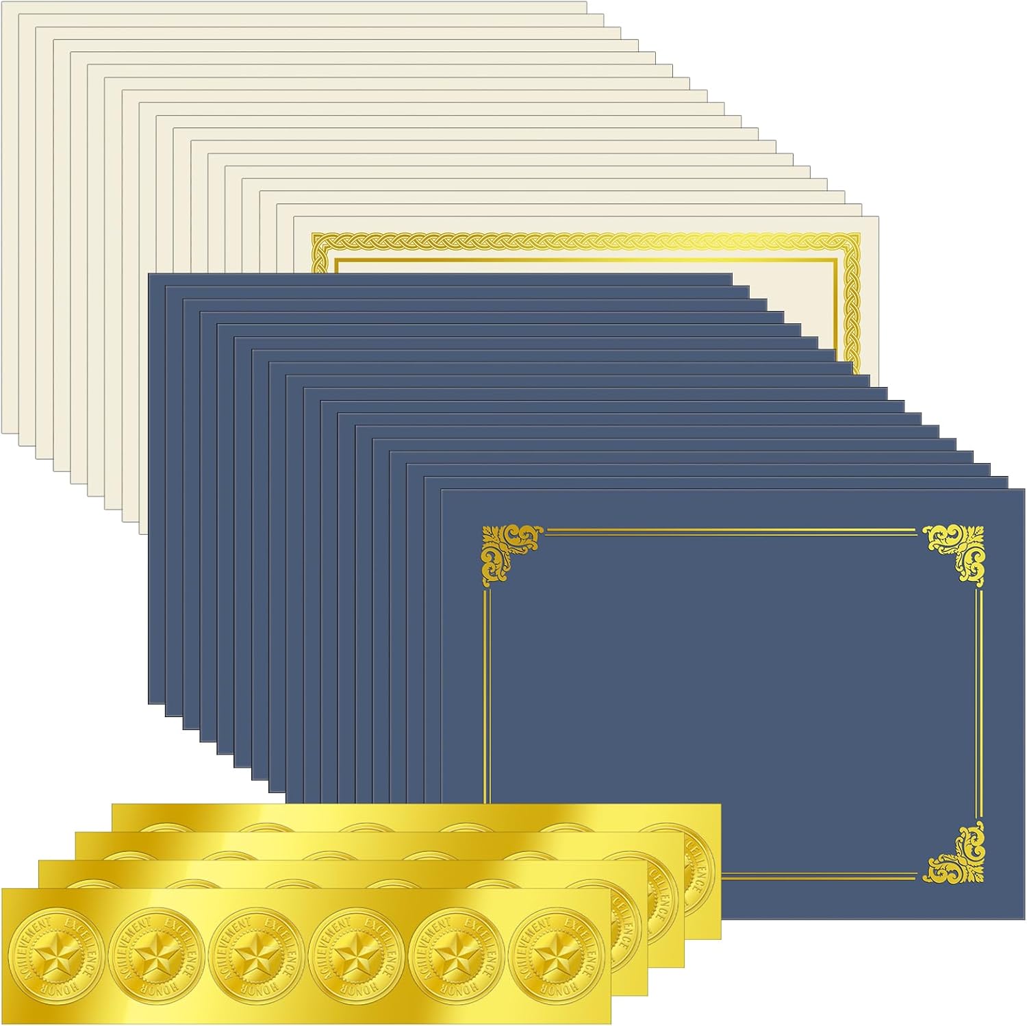 Tatuo 240 Pcs Certificate Kit includes 80 Pcs 8.66 x 12.13 Inch Certificate Holder 80 Pcs Certificate Paper with Gold Foil Border 80 Pcs Gold Foil Award Seals Certificate Covers Diploma Paper (Blue)