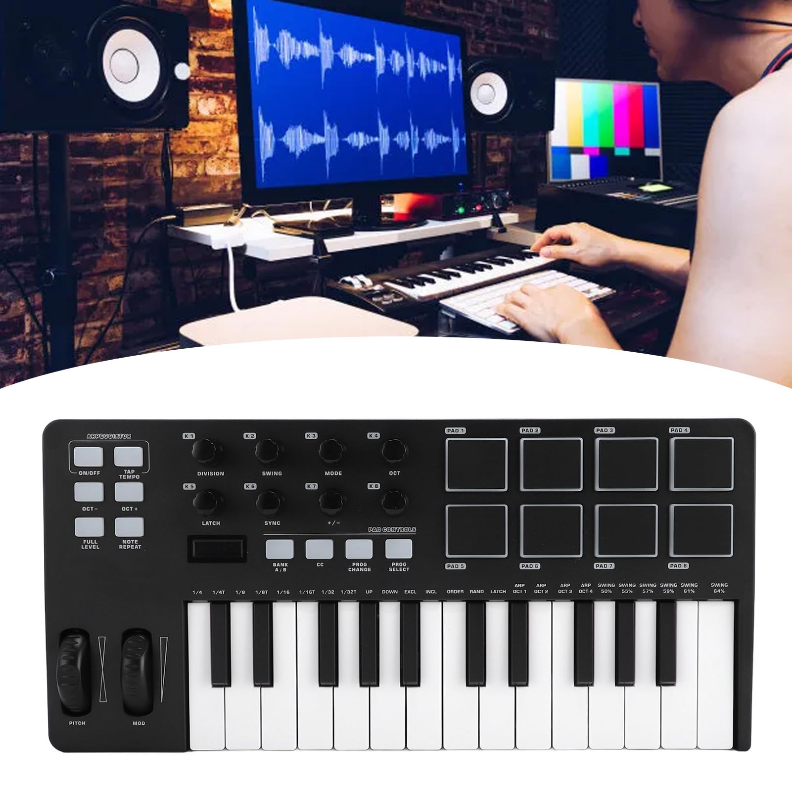 Fockety Controlador de Teclado Midi USB, Controlador Midi de 25 Teclas con Integración DAW Modo de Acordes Modo de Escala 8 Pads de Batería Retroiluminados Arpegiador 8 Perillas Software