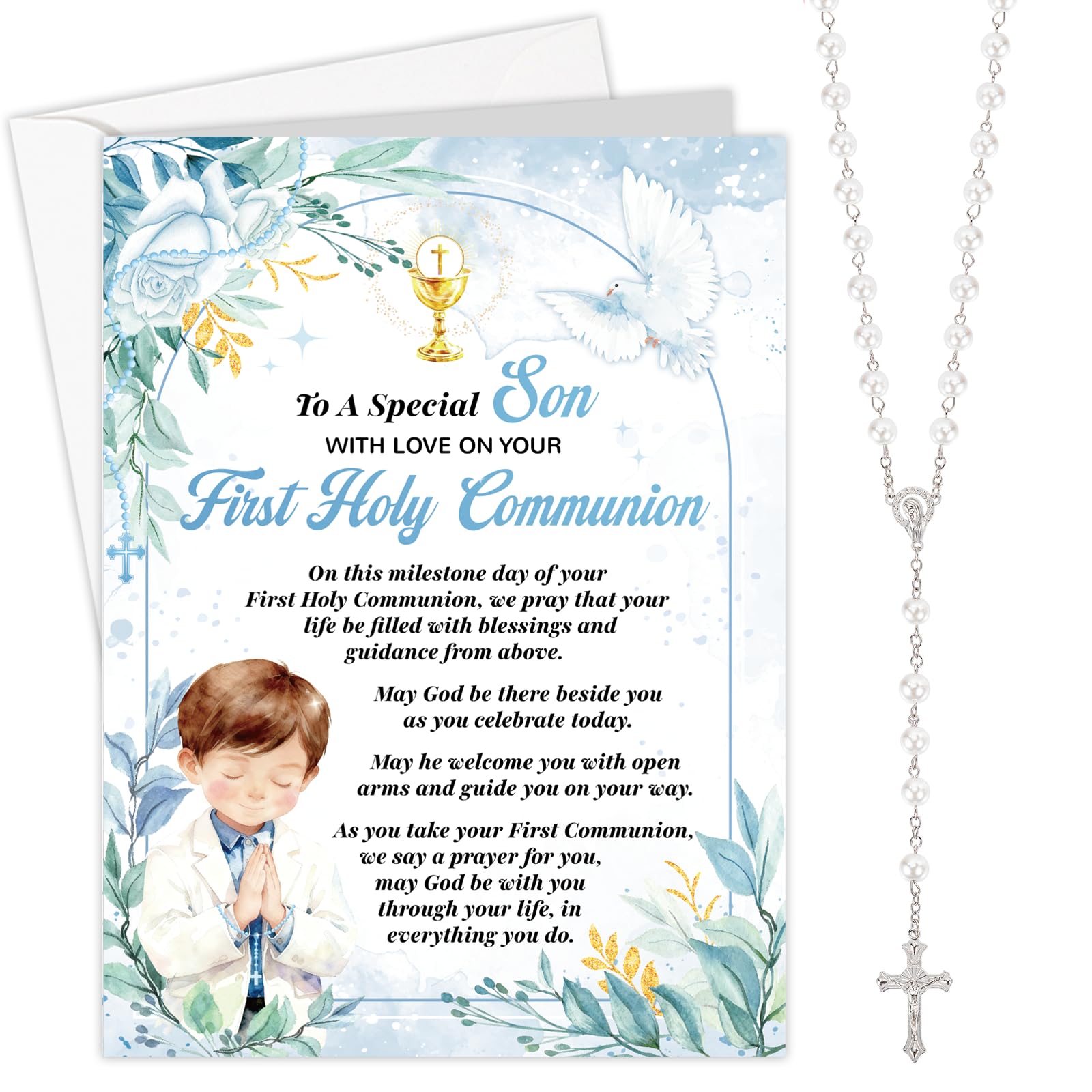 HOWAF First Holy Communion Card for Son, Congratulations Card & Rosary Beads Catholic Pearl Cross Necklace for 1st Holy Communion Gifts for Son