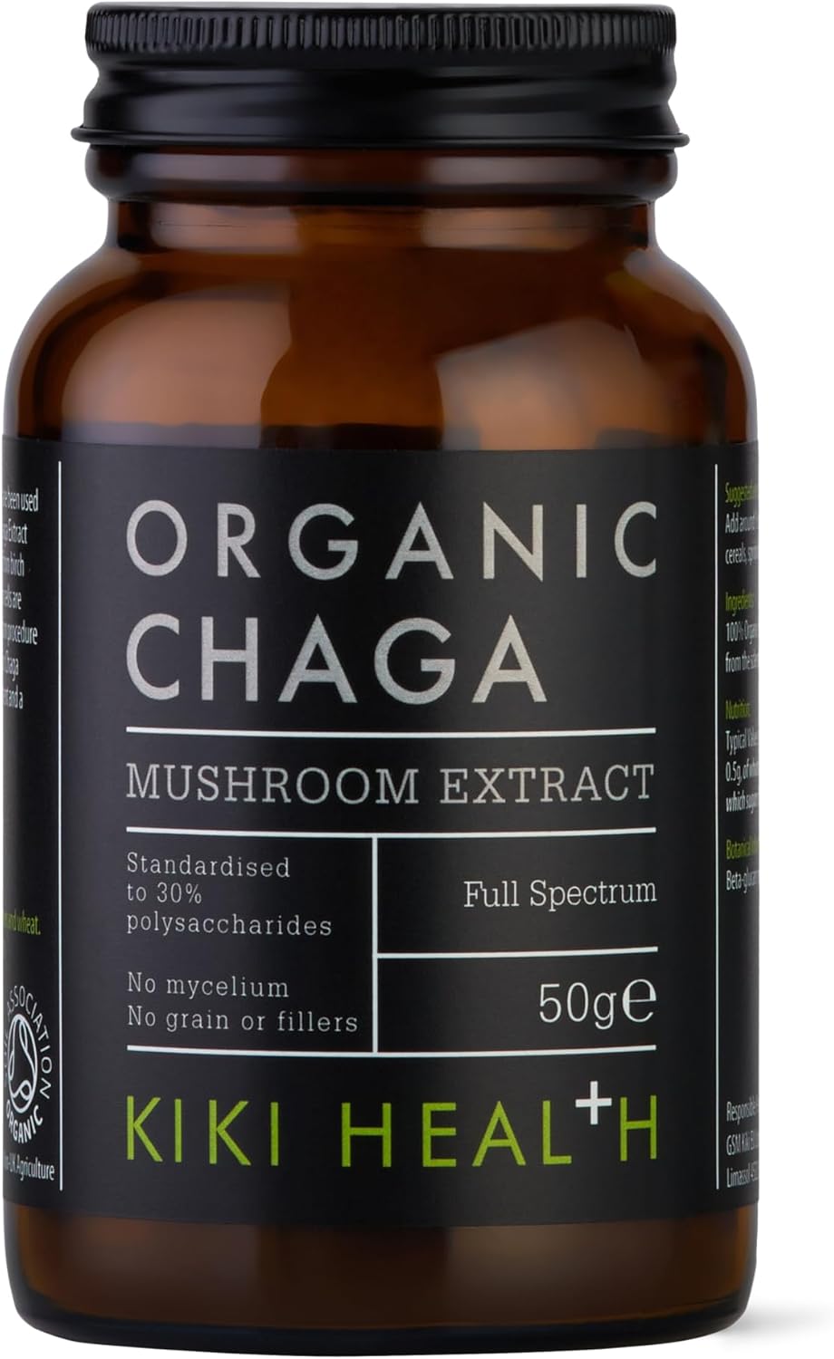 KIKI Health Organic Chaga Extract Mushroom Powder | Standardised to 30% Beta-Glucan-Rich Polysaccharides | Digestion, Energy, & Immune Support | Non-GMO, Vegan – 50g