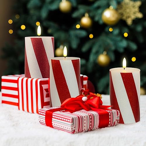 Miniatura 6 de Velas parpadeantes de Navidad sin llama con rayas rojas con purpurina, pilar de cera real, velas eléctricas LED con temporizador remoto para