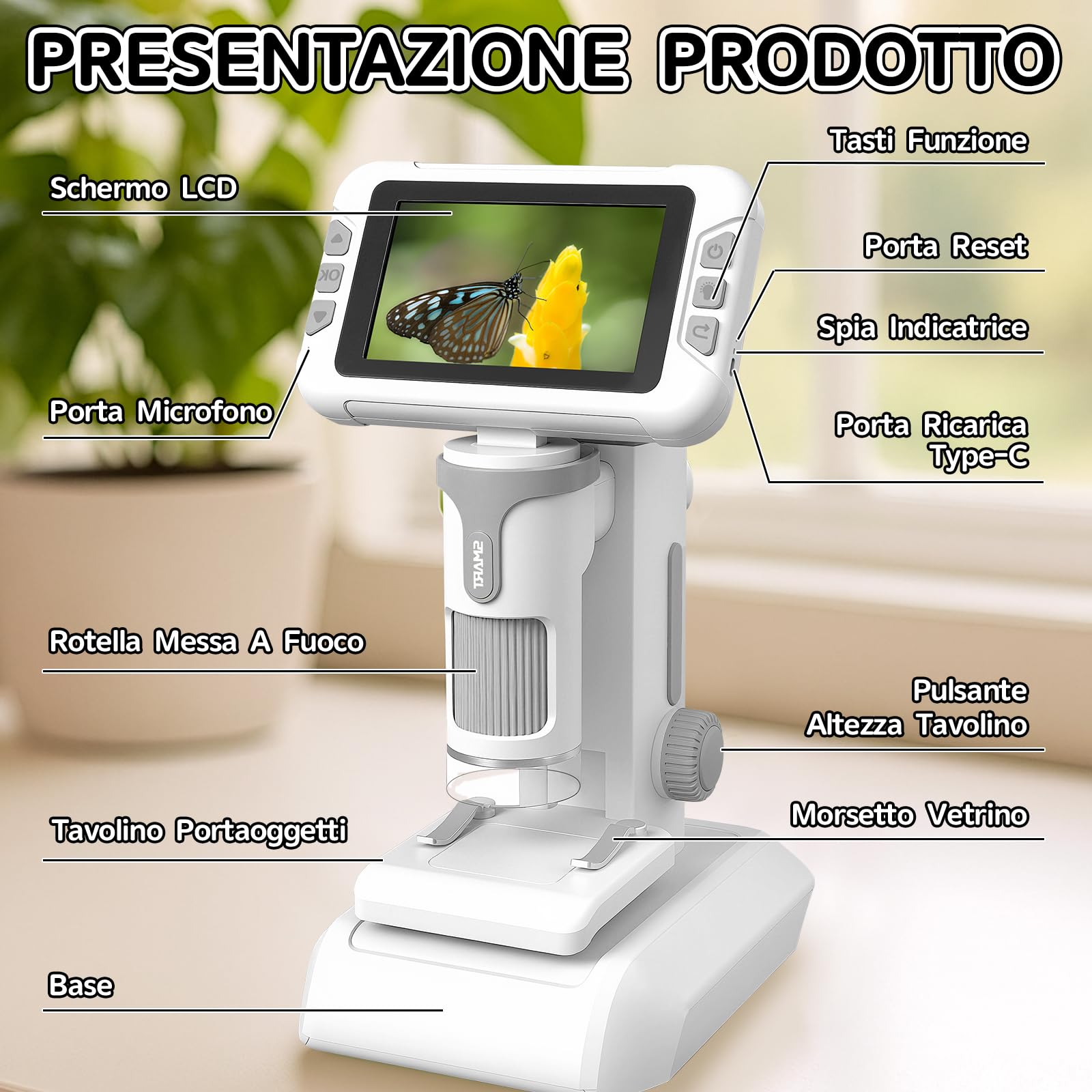Charmofun Microscopio Bambini, Microscopio Digitale con Scheda di Memoria da 64GB, Microscopios Portatile Bambini con Schermo LCD 4", Ingrandimento 1600X, Foto e Video, Funzione Portatile e Fissa