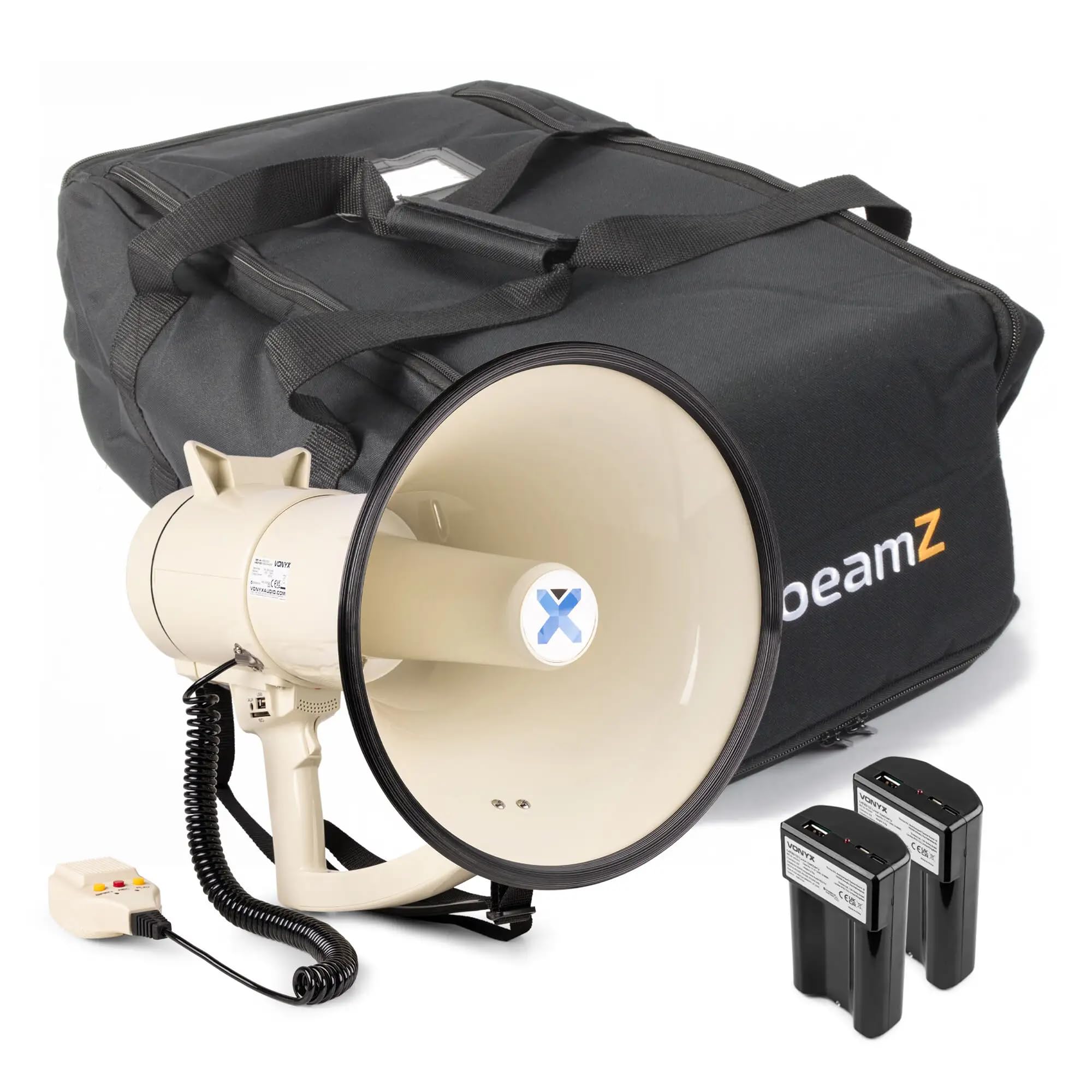 VONYX MEG120 Pack Mégaphone Puissant 120W - avec 2X Batteries Rechargeables MRB12 et Sac de Transport, Portée 1,​6 km, Micro Main, Bluetooth, Lecteur MP3, Idéal pour Manifestations et Matchs