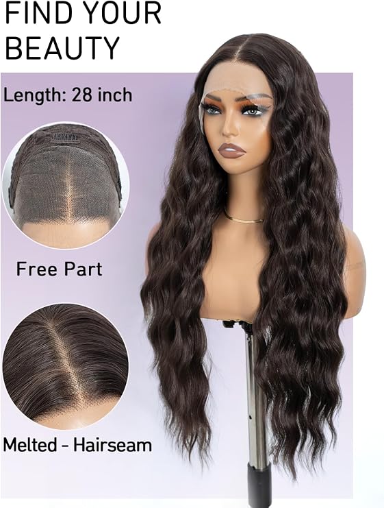 Style Icon Long Wave 13x4 Lace Front Wigs 28 Inch Brown Free Part Lace Synthetic Heat Resistant Fiber Glueless Pre-Plucked Hairline Beginner Friendly Wig
