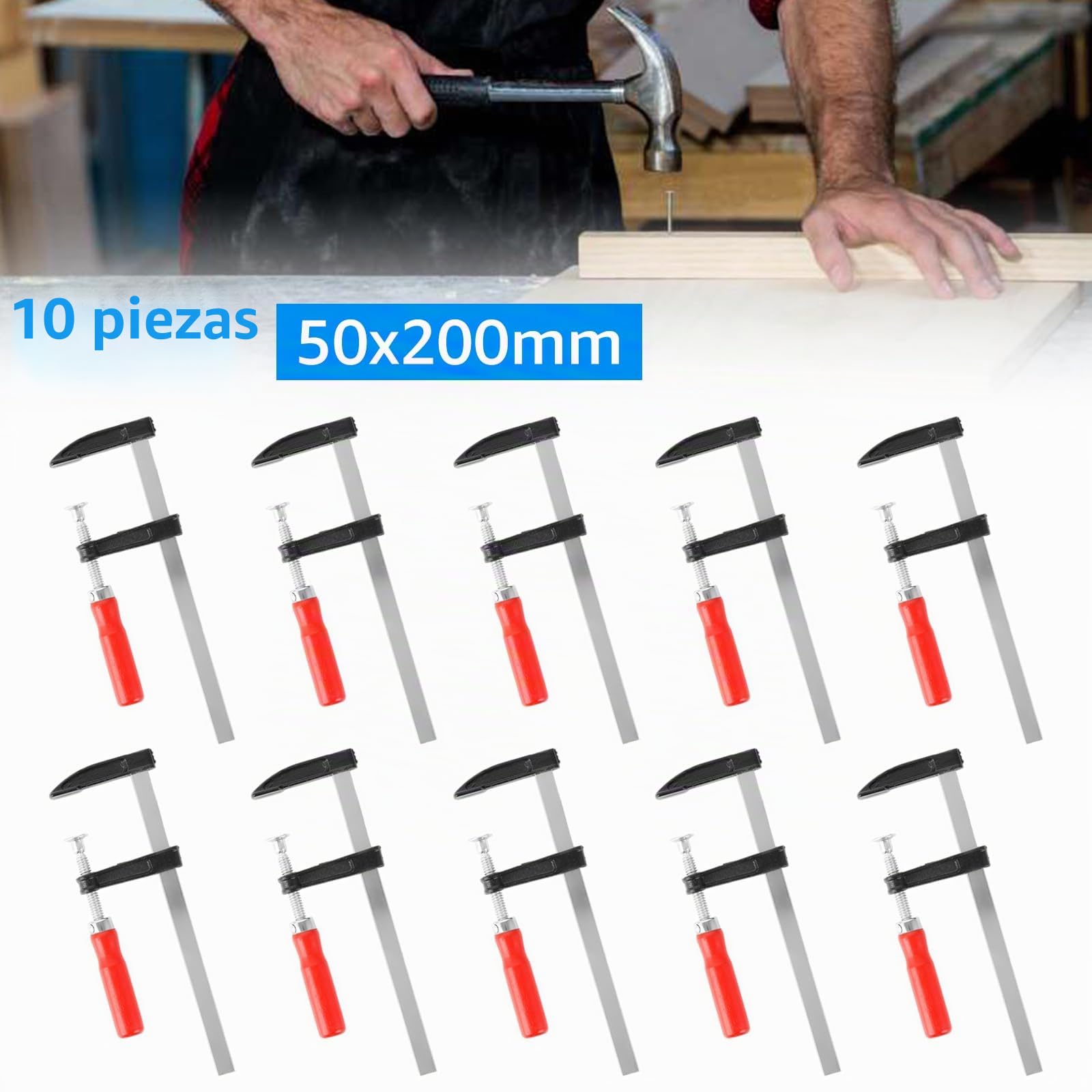 Juego de 10 abrazaderas de tornillo, juego profesional con mango de 10 componentes de 50 x 200, ancho de sujeción 200 mm, profundidad de sujeción 50 mm, mordazas de acero maleable