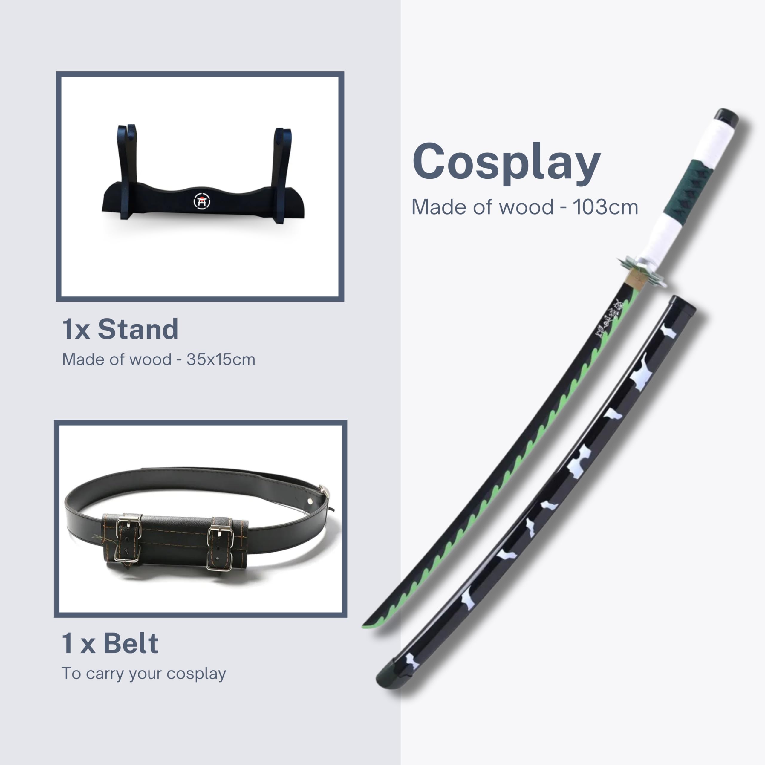 Katana Demon - Vera Manga Sciabola + Porta Spada di Legno + Cintura - Catana Giapponese Decorazione Cosplay Giocattolo per Bambini Adulti Gioco Costumi
