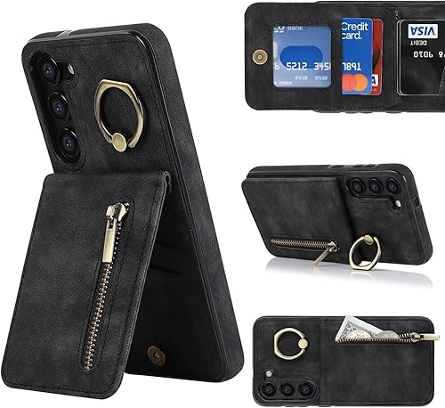 Miimall Funda para Samsung Galaxy S23 Plus con tarjetero, piel sintética Galaxy S23 Plus con soporte de anillo, funda trasera magnética Flip S23