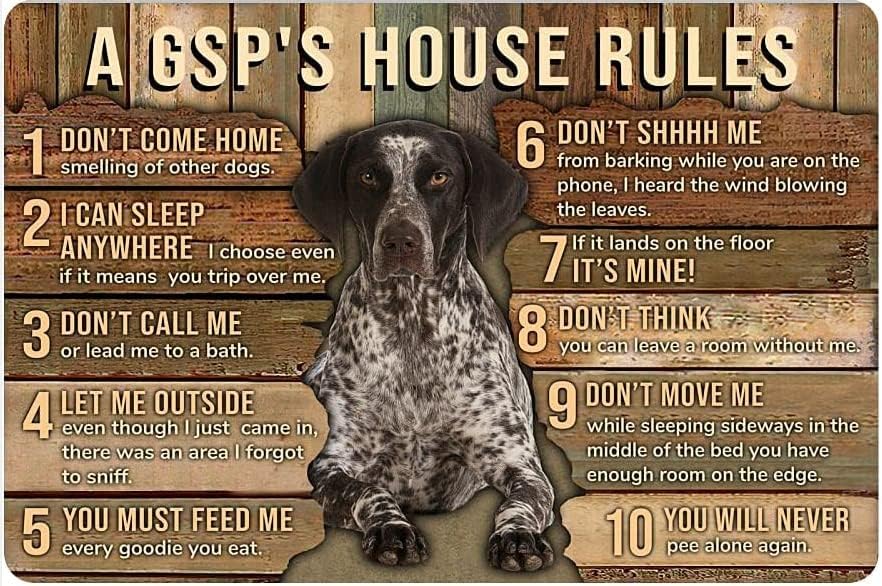 Miniatura 1 de Cartel de metal de Pinscher alemán con diseño de perro A Gsp'S House Rules, póster divertido para cafetería, sala de estar, baño, cocina, hogar,