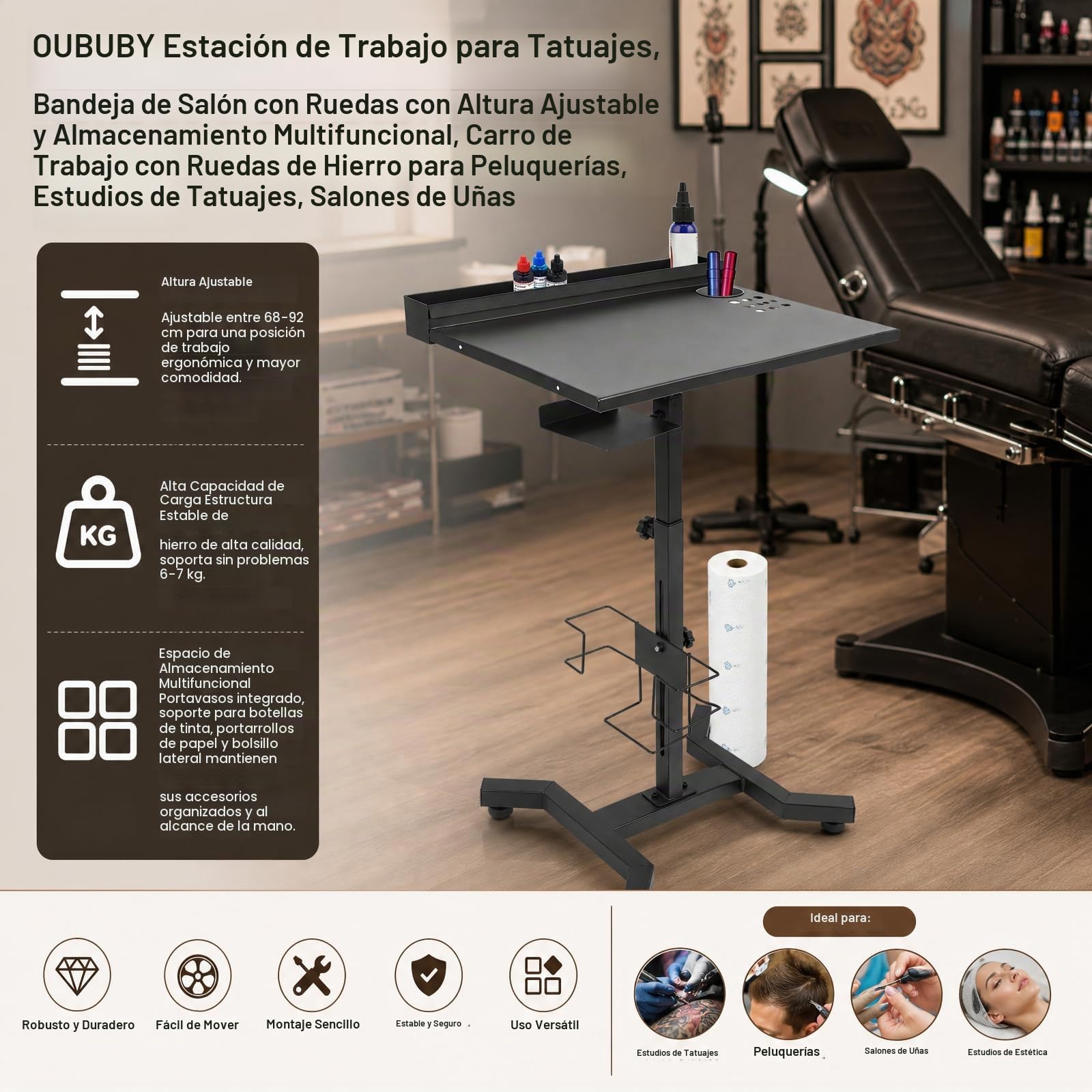 Estación de trabajo de tatuajes, bandeja de salón con ruedas con altura ajustable y almacenamiento multifuncional, ruedas de hierro para salones de peluquería, estudios de tatuaje, salones de