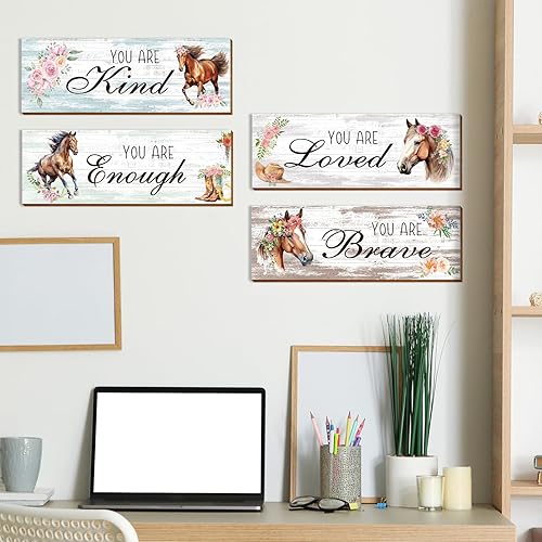 Miniatura 5 de Thrist Decoración de pared con temática de caballo de vaquera, 4 piezas de madera inspiradora de vaquera, arte de pared de caballo, pintura amada