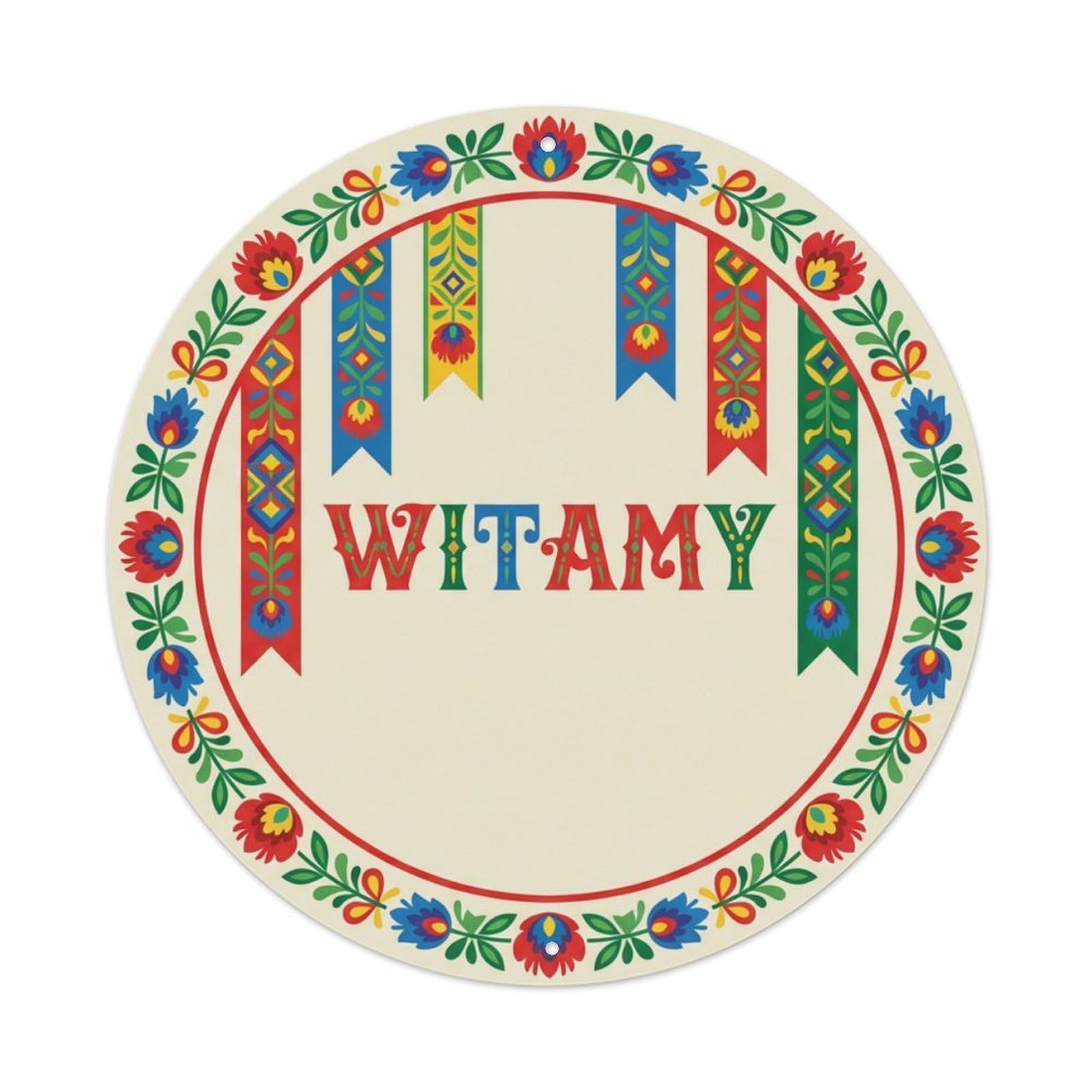 Fyrn Style Metal Tin Sign Vintage Polish Folk Art Witamy Welcome Tasiemki Ribbon