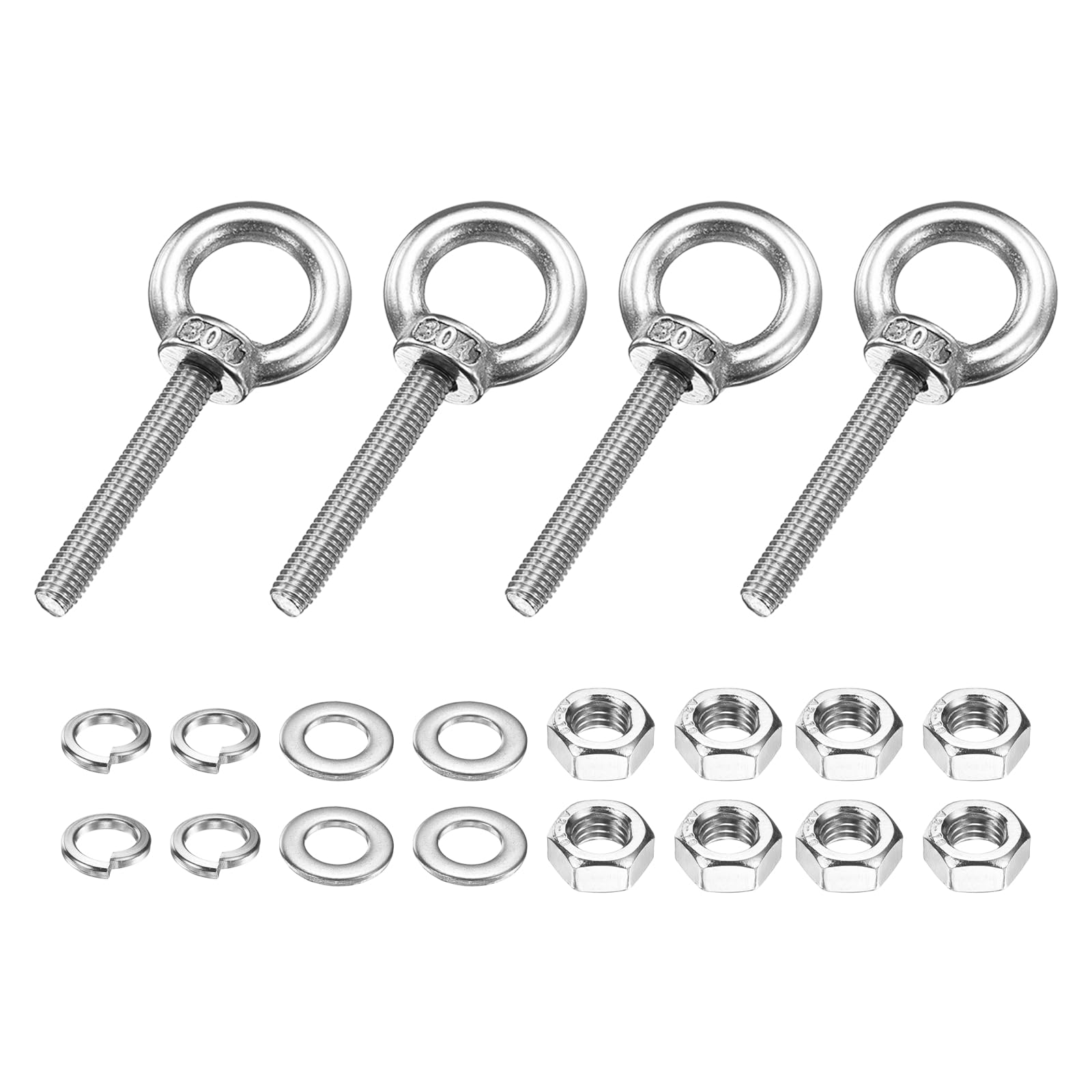 PATIKIL M5 x 30mm Eye Bolt, 4 Pcs 304 Stainless Steel Thread Lifting Ring Set Shoulder Eyebolt with Lock Nuts Flat Washers for Hanging Hammocks Articles, Silver