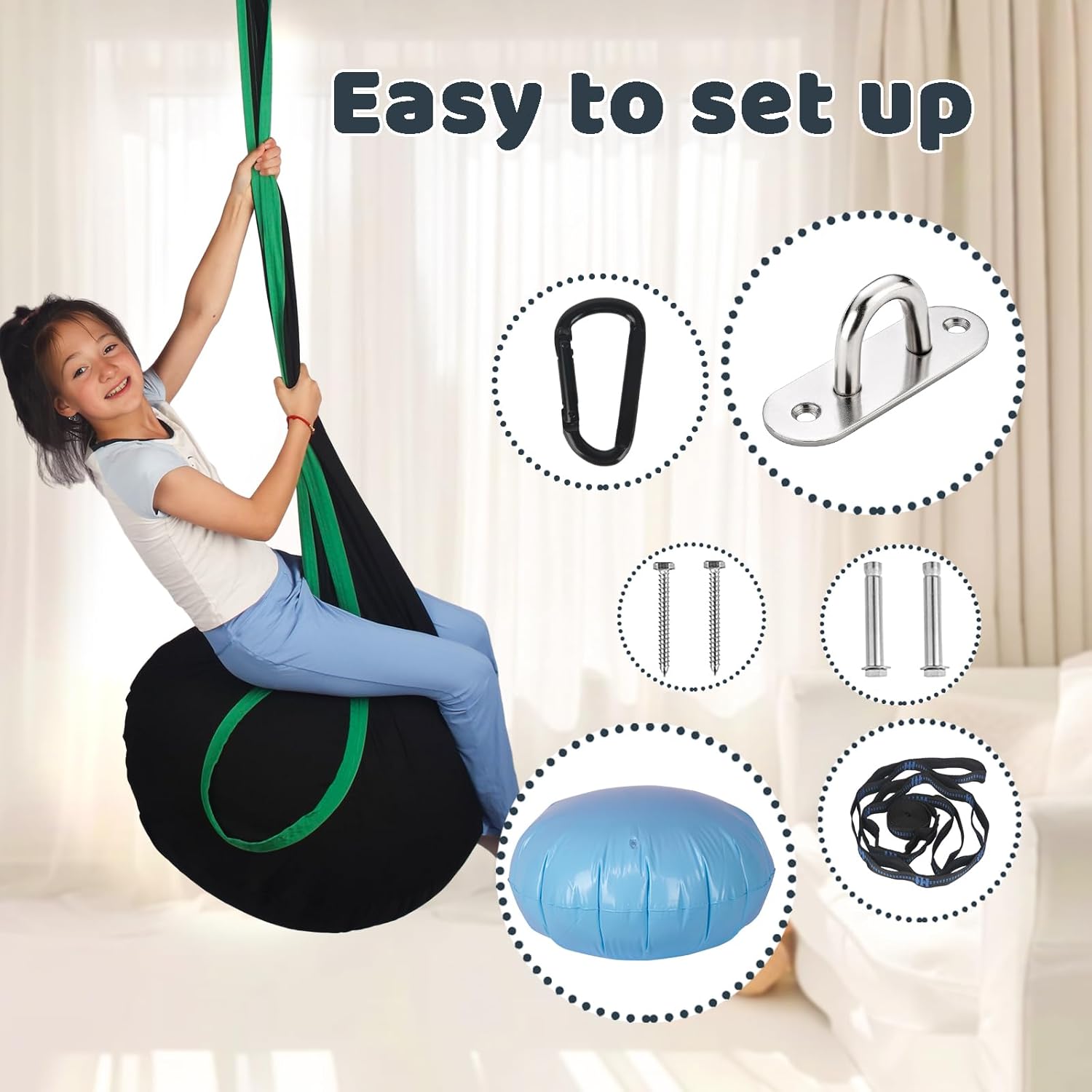 Sensory Pod Swing Hanging Seat for Kids Indoor and Outdoor Use Child Hammock Chair Loading Capacity 300 lbs (Black)