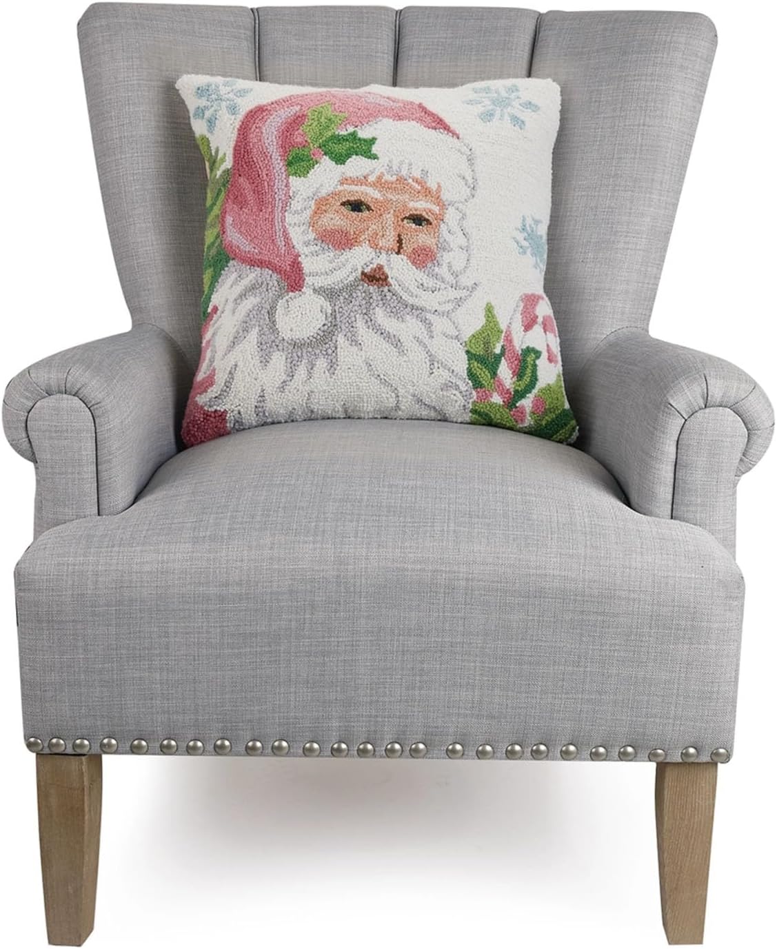 Peking Handicraft Santa on White 18" Square Hooked Wool Throw Pillow with Polyfill Insert