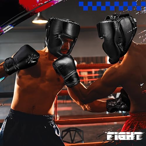Miniatura 5 de Juego de 2 sombreros y guantes de boxeo para adultos, guantes de boxeo de 10 onzas, equipo de combate completo para artes marciales, Muay