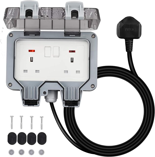 Outdoor Sockets Waterproof Double Socket, Weatherproof Outdoor Sockets with 3M Extension Cable Outdoor Outside Plug Socket 13A IP66 Wall Electrical Outlets Switched Socket Covers