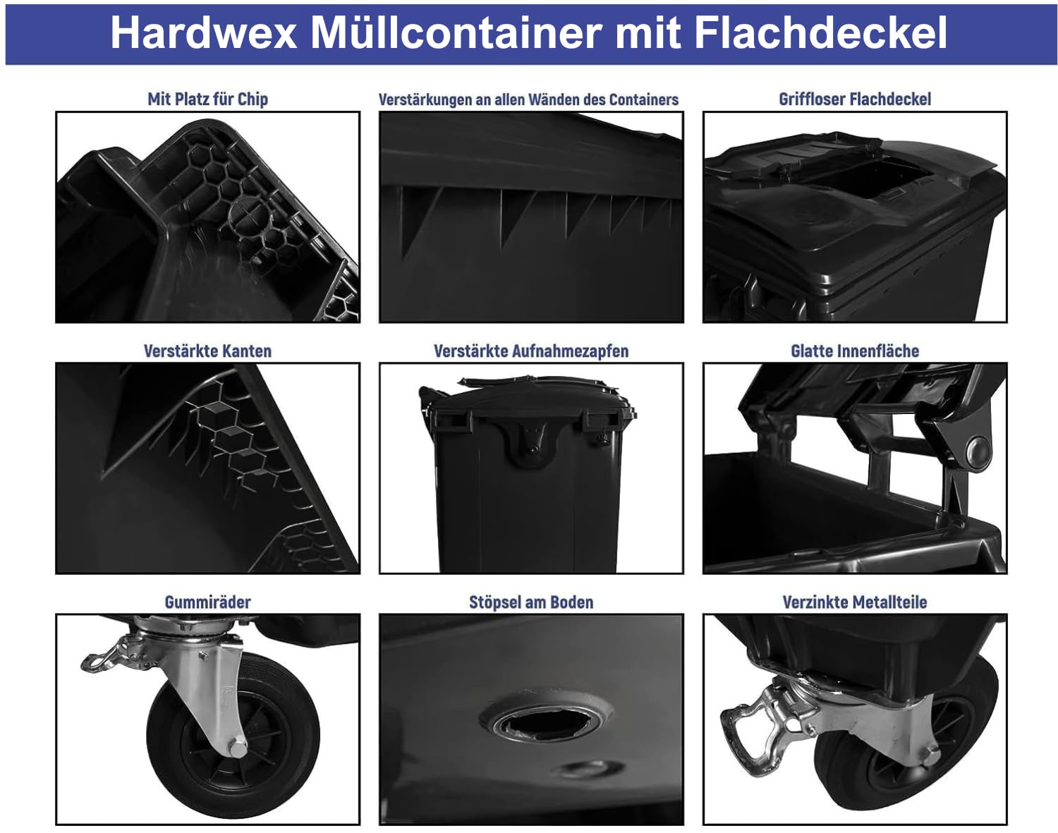 Hardwex Müllcontainer mit 4 Rädern mit Flachdeckel, Müllgroßbehälter, Abfalltonne, Mülltonne, Volumen: 1 100 Liter, Farbe: Blau, Größe: 1 344 x 1 370 x 1 070 mm