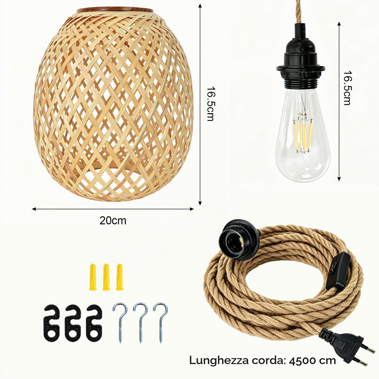 Colexy Lampadario a Sospensione in Bambù e Rattan con Cavo 4,5m e Spina, E27 Lampada Vimini Intrecciato a Mano, Luce Vintage Naturale per Camera da Letto, Cucina, Soggiorno (Senza Lampadina)
