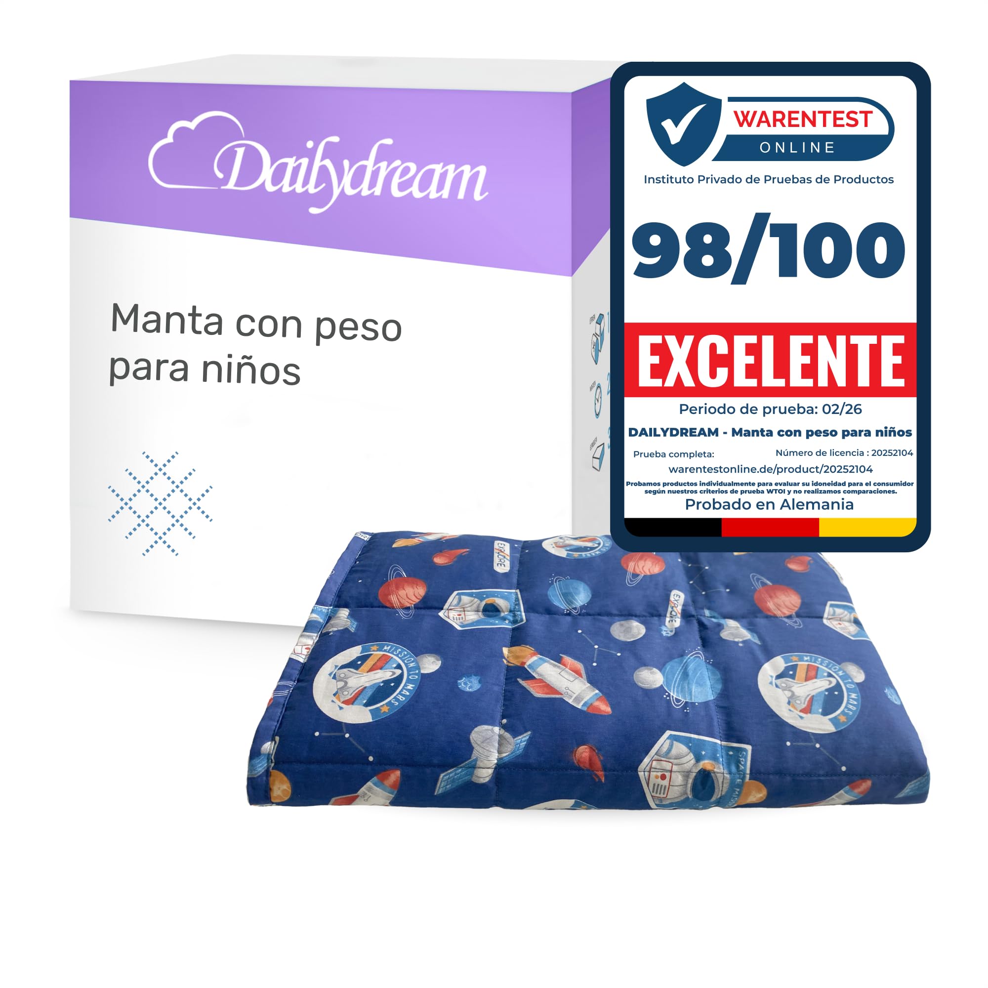 Dailydream Manta Pesada para niños, 104 x 150 cm, 3,2 kg, diseño de Espacio, de algodón 100%, Relleno de Perlas de Cristal, para Dormir y terapéutica, Peso Corporal 35-55 kg