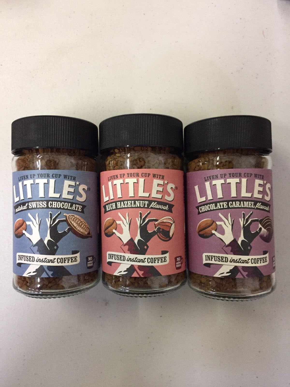 Little's Instant Flavoured Coffee 3 Jar Set, Swiss Chocolate, Rich Hazelnut & Chocolate Caramel. 50g Jars.