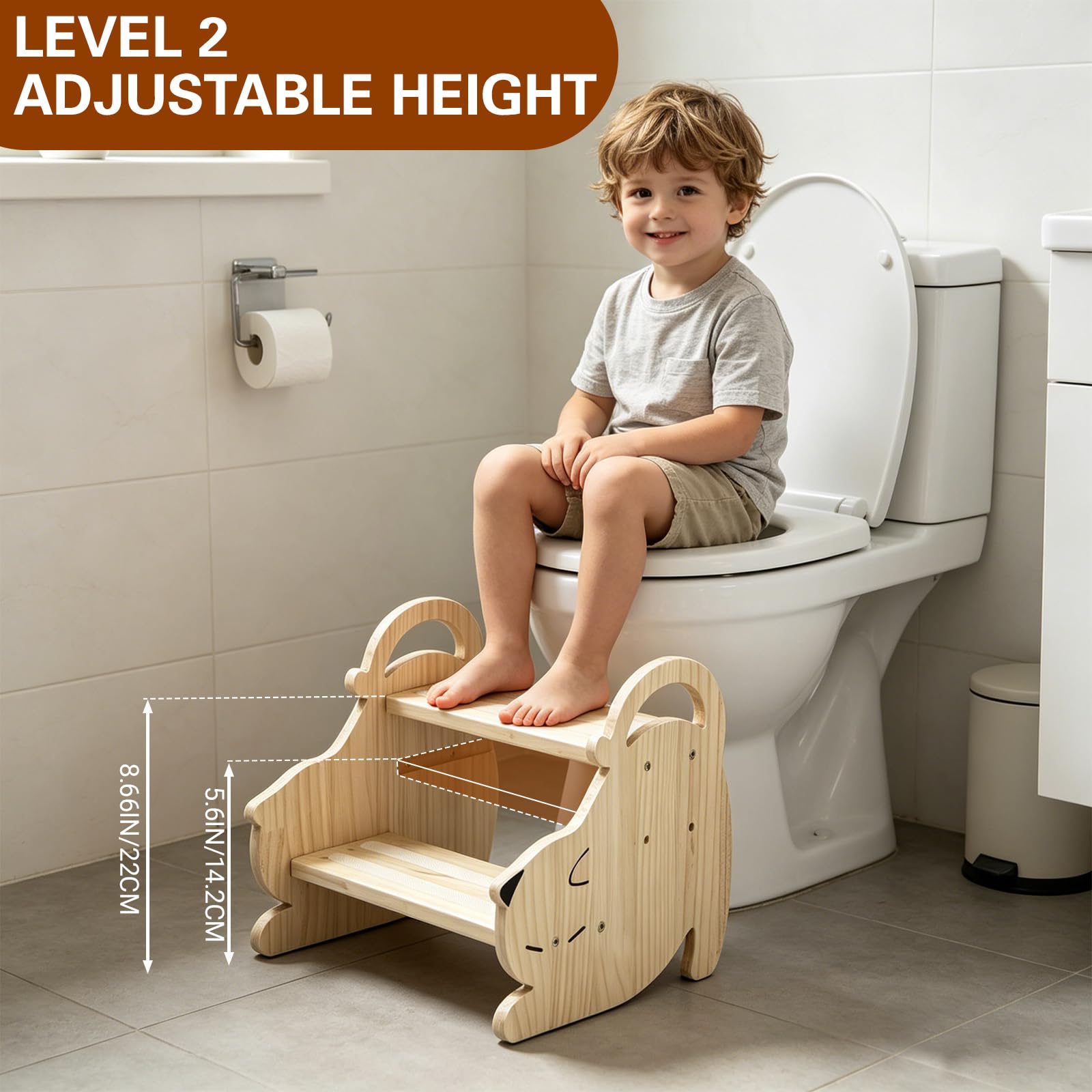 Tritthocker Holz Kinder 2-stufiger, Kinderhocker aus Massivholz für Kinder & Erwachsene – Höhenverstellbar, rutschfest mit Griff, bis 100 kg Belastbar, Fußbank Holz für Bad, Küche, Kinderzimmer