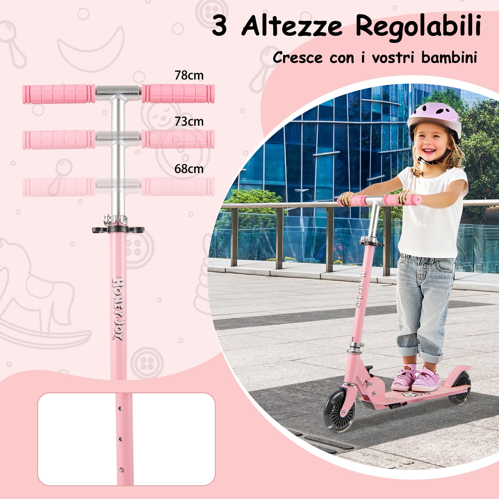 COSTWAY Monopattino per Bambini Pieghevole e Portatile, Monopattino a 2 Ruote con Manubrio Regolabile, Ruote Luminose a LED, Freno Posteriore e Tracolla, Ideale per Bambini e Bambine 3+